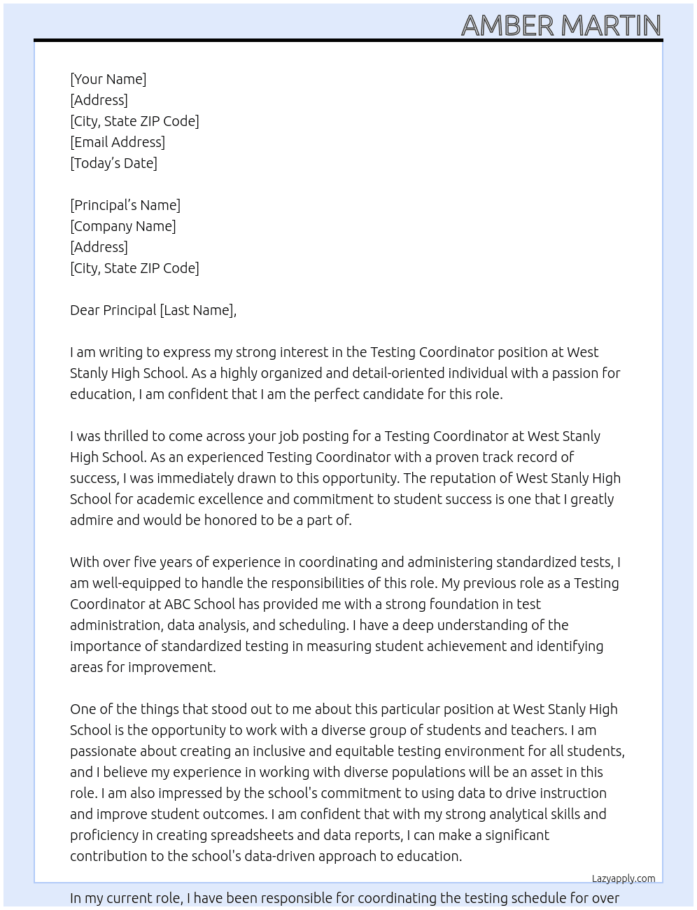 Testing Coordinator  At West Stanly High School Cover Letter