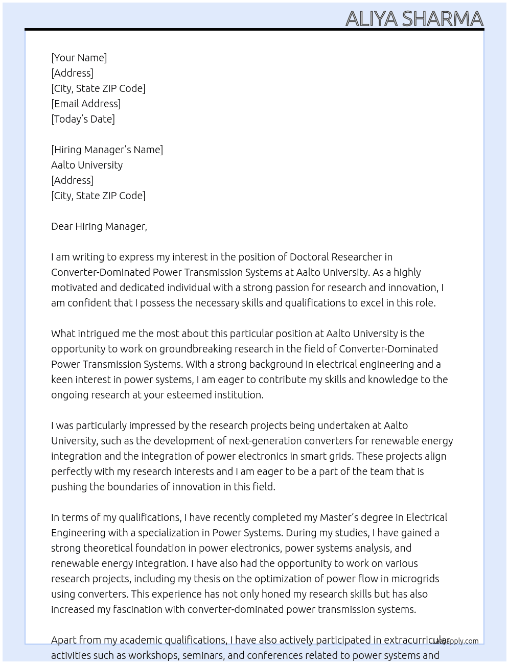 Doctoral Researcher in Converter-Dominated Power Transmission Systems At Aalto University, Finland Cover Letter