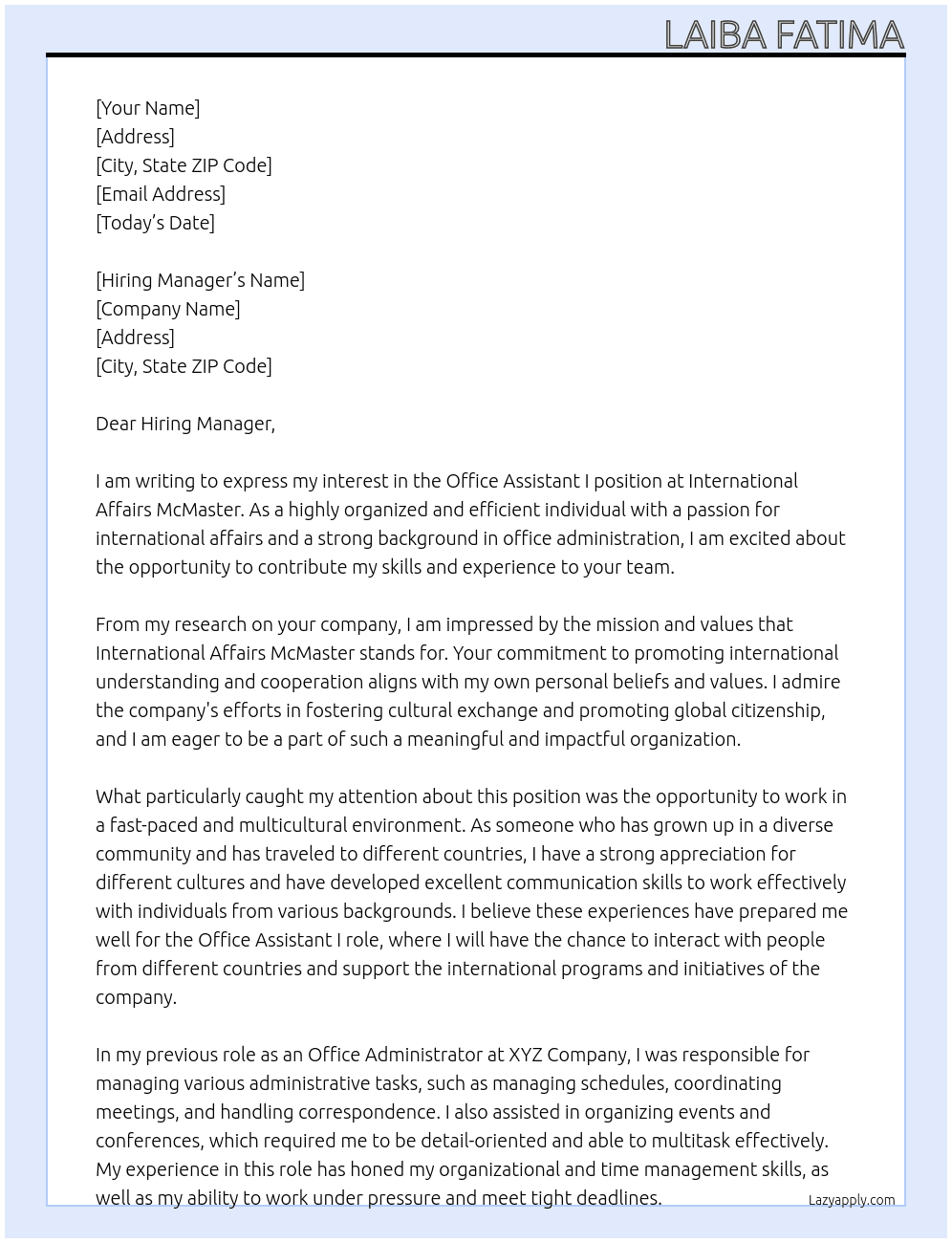 Office Assistant I At International Affairs McMaster Cover Letter