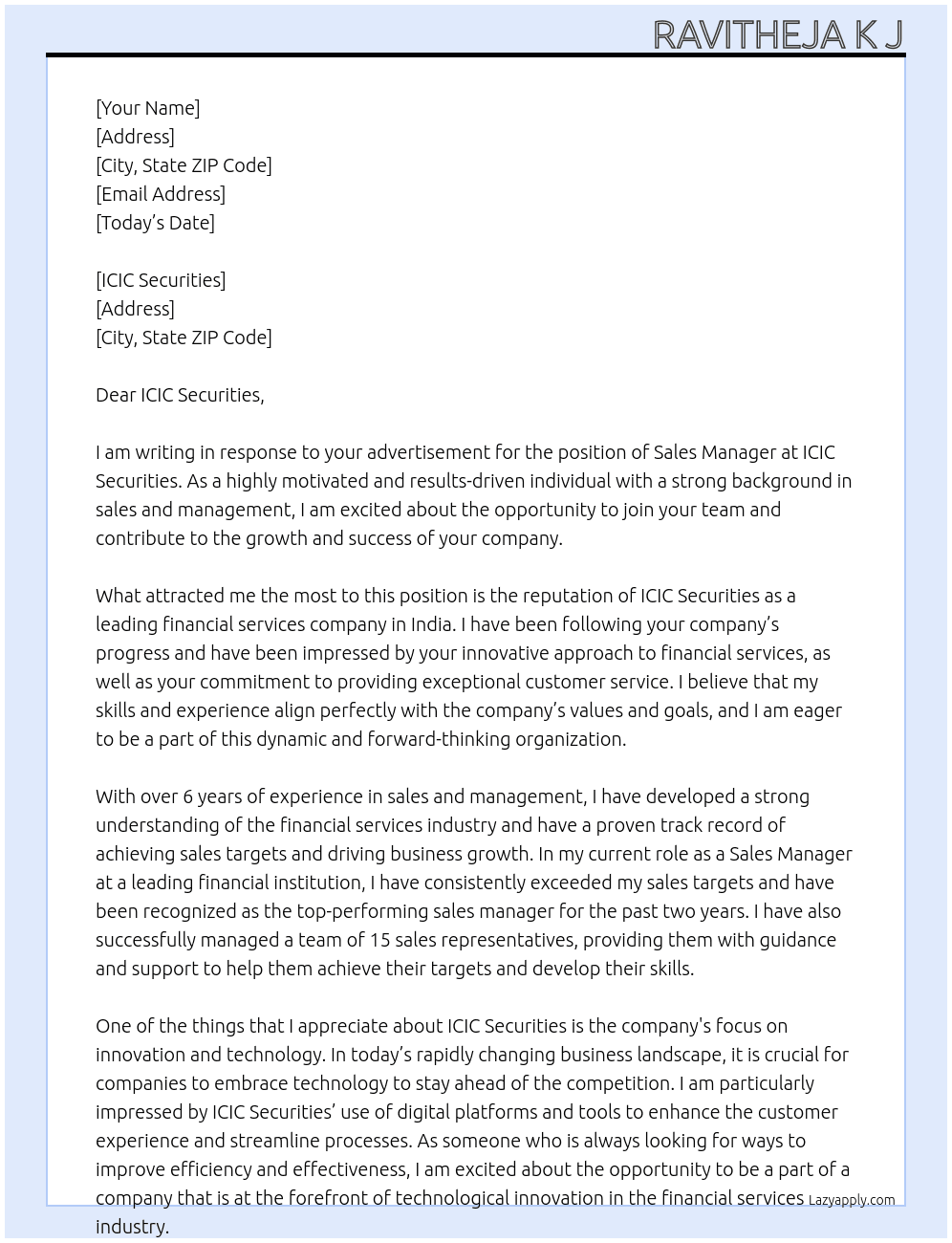 Sales manager At ICIC securites Cover Letter