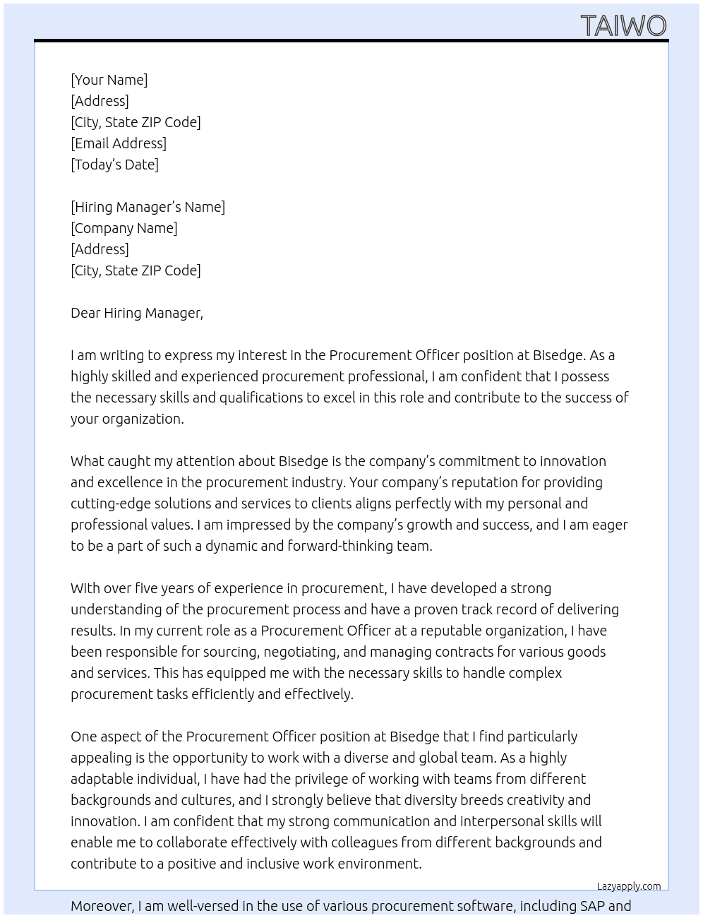 Procurement officer At Bisedge Cover Letter