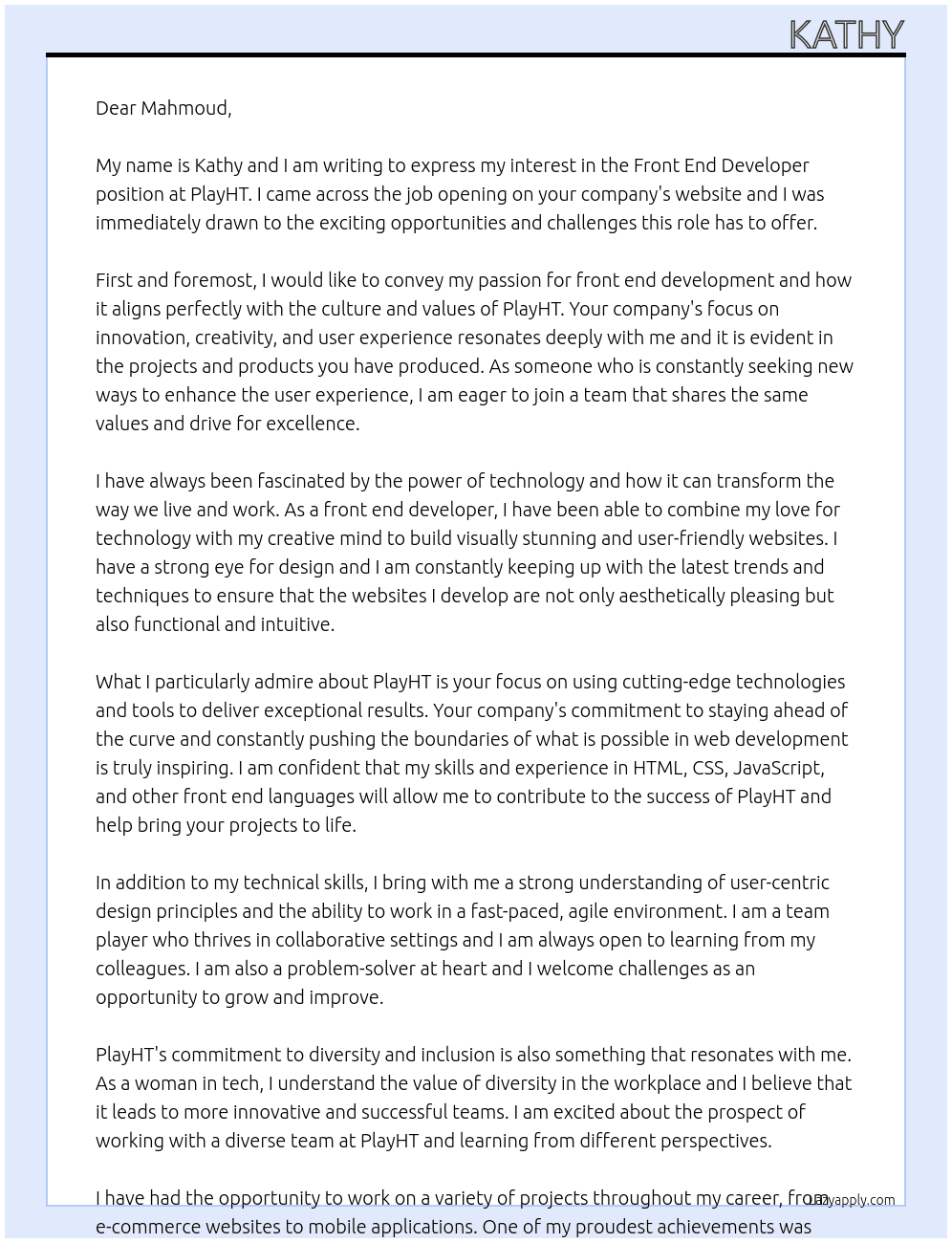 Front end developer At PlayHT Cover Letter