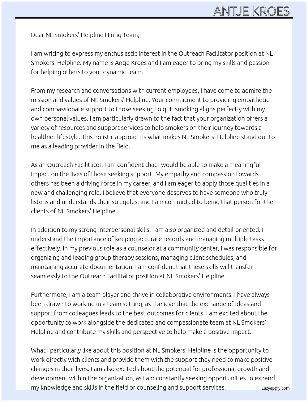 Outreach Facilitator At NL Smokers' Helpline Cover Letter