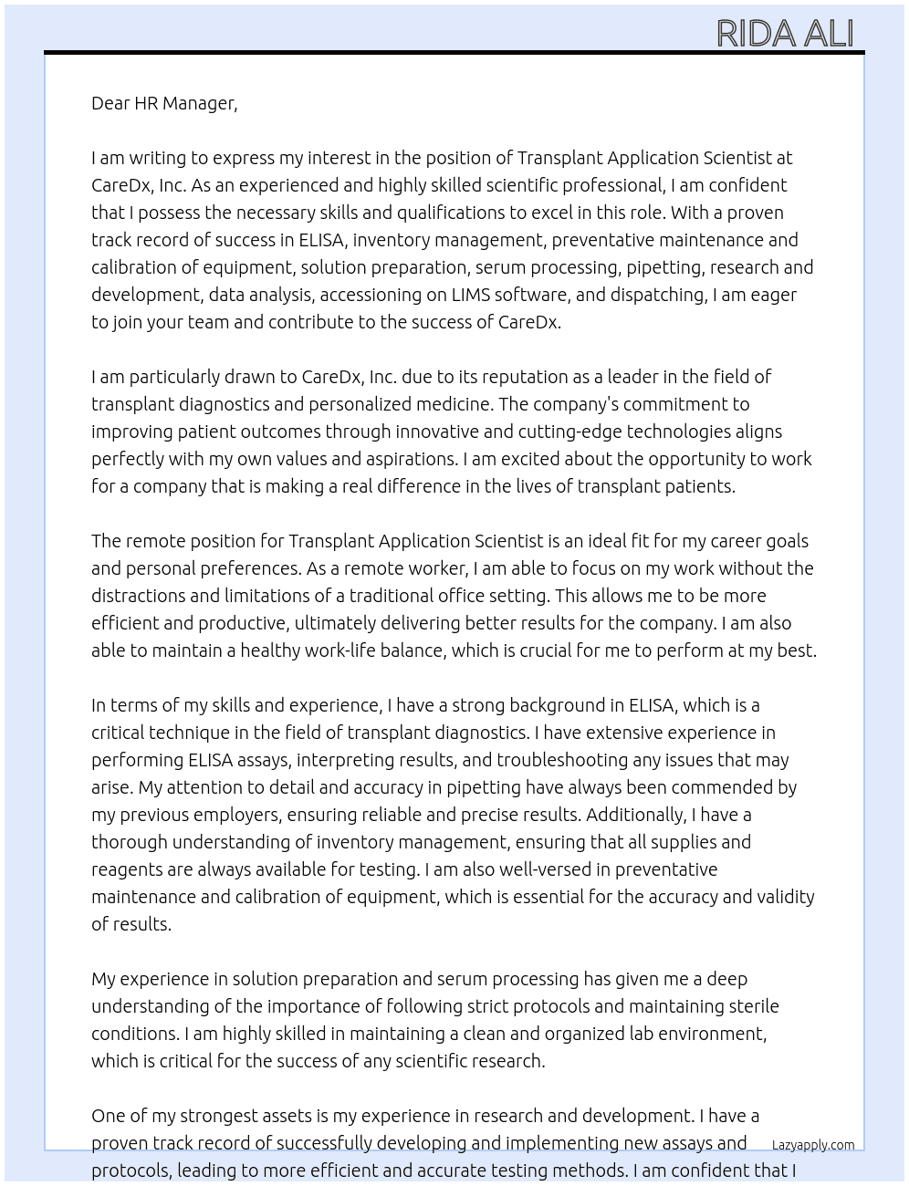 Transplant Application Scientist - Remote At CareDx, Inc. Cover Letter