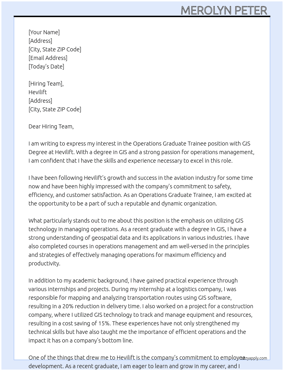 Operations Graduate Trainee with GIS Degree At Hevilift  Cover Letter