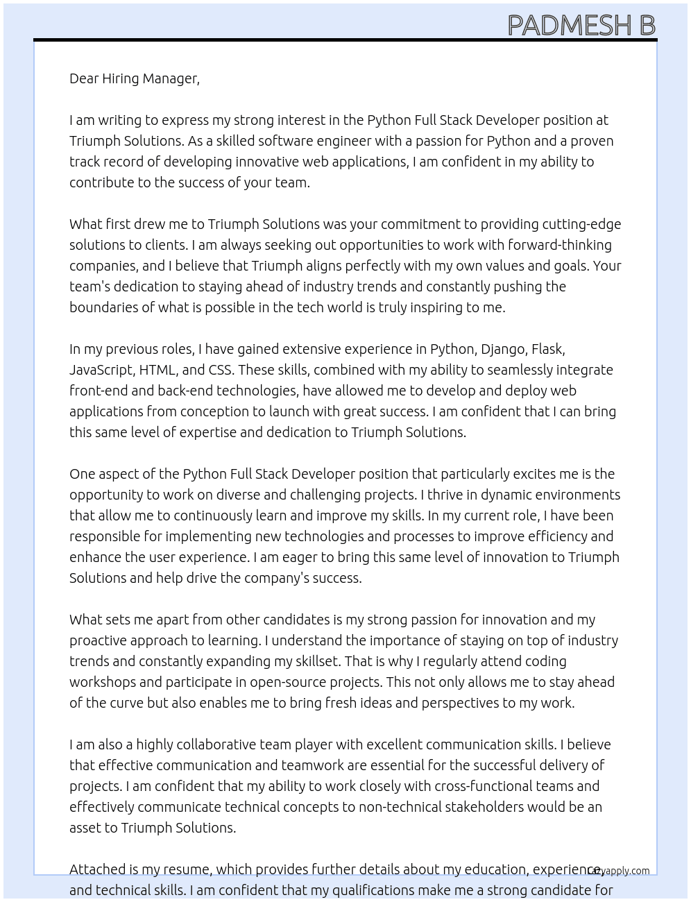 Software engineer  At Triumph solutions  Cover Letter