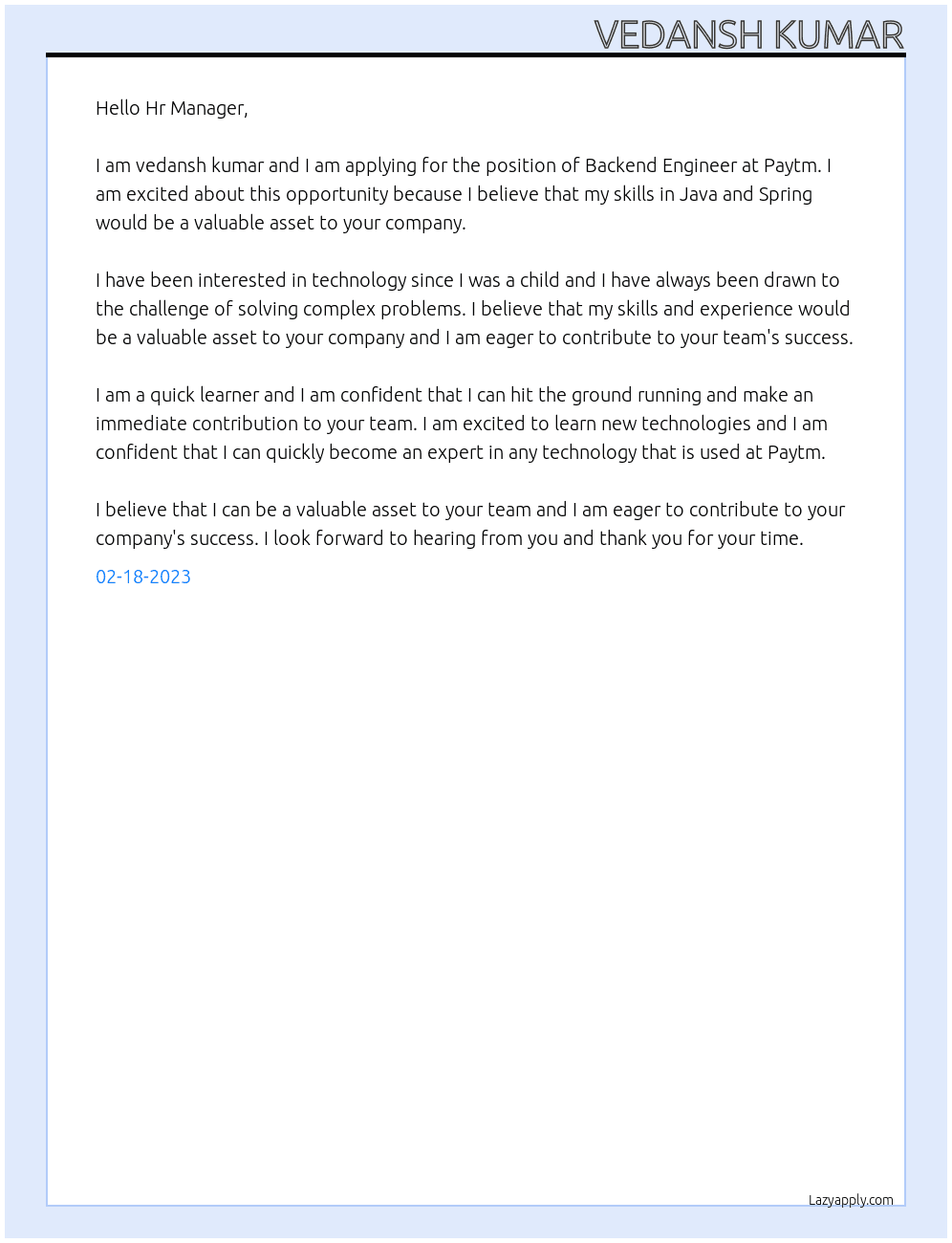 Backend Engineer At Paytm Cover Letter