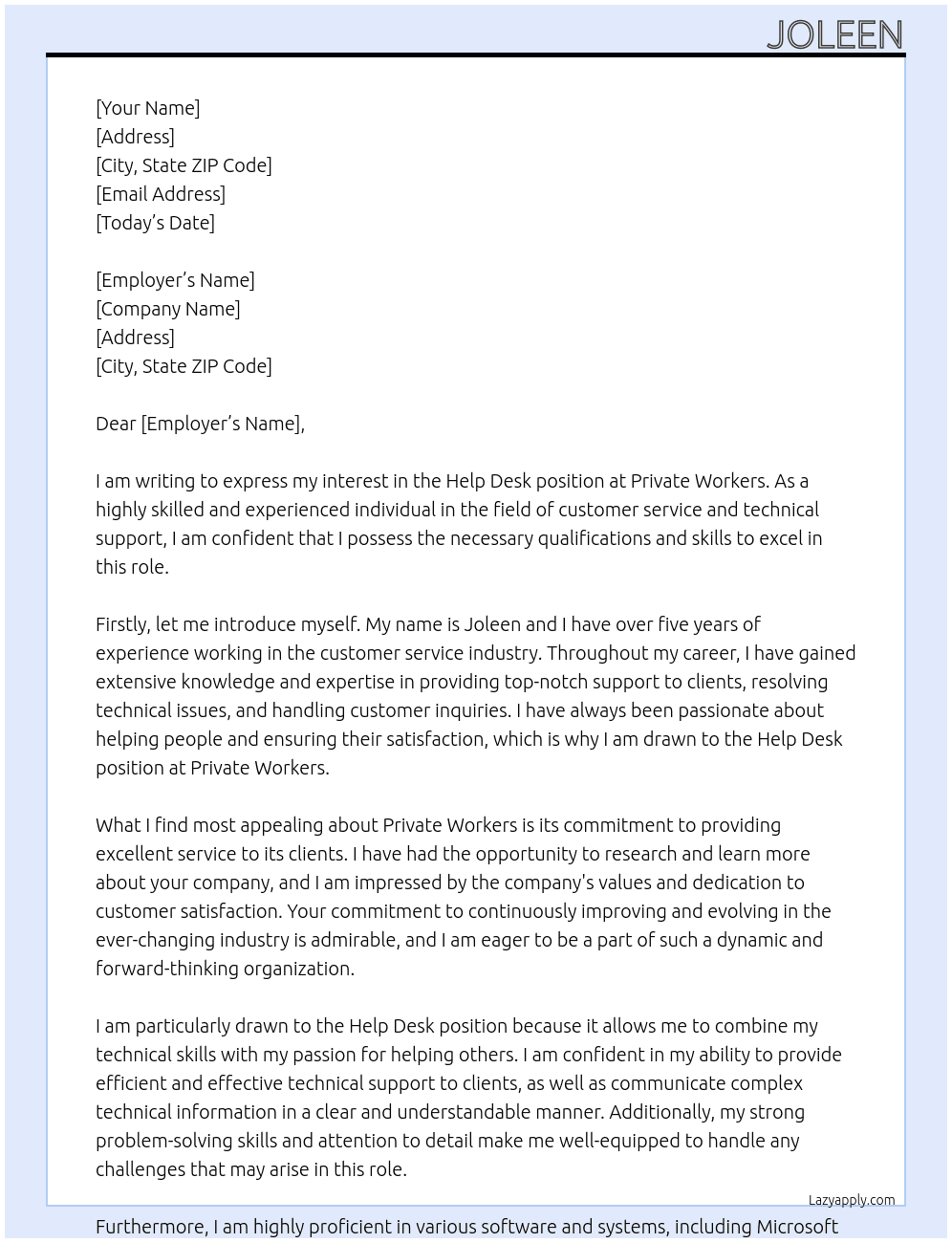 Help Desk At Private Workers Cover Letter