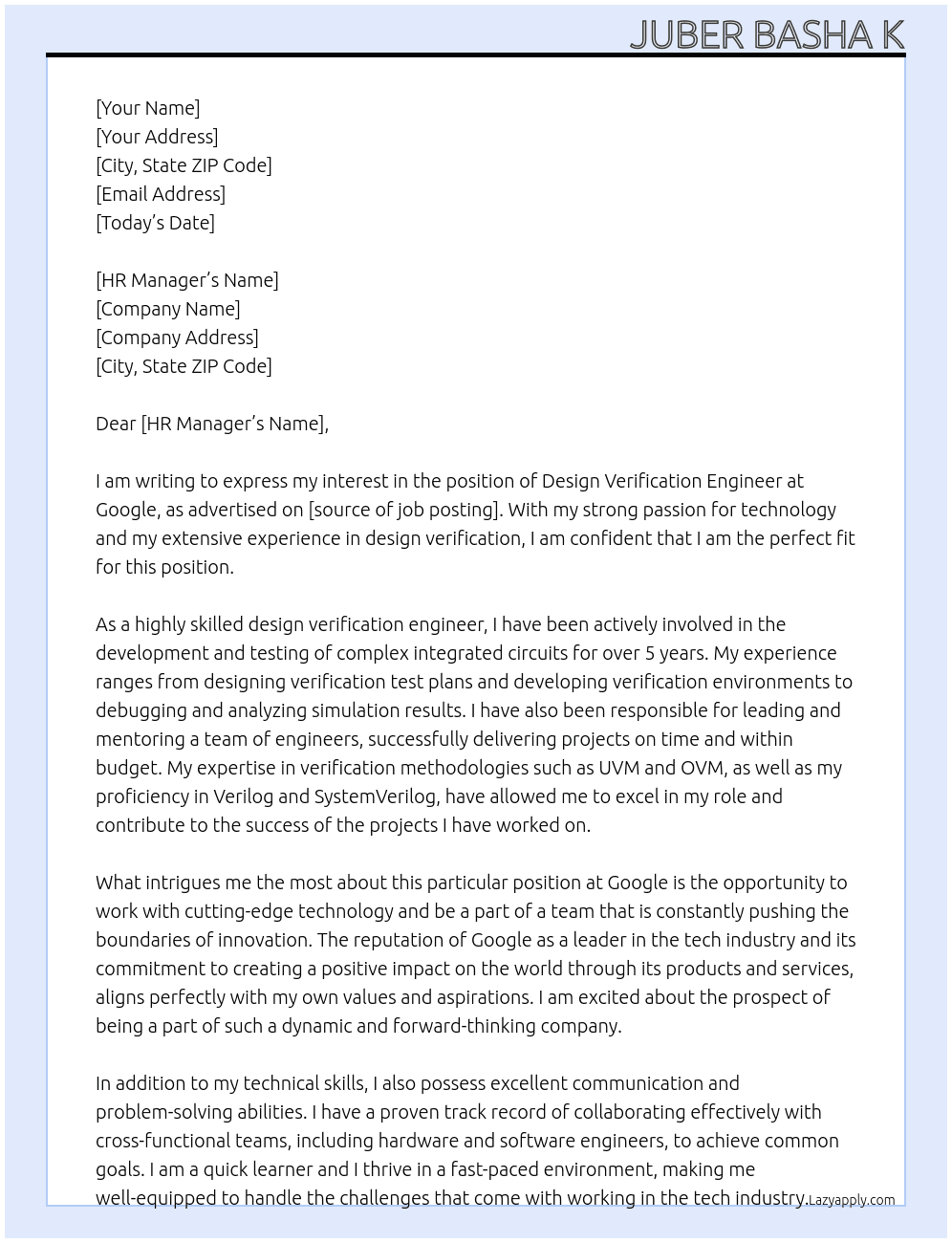 Cover letter for design verification engineer - LazyApply