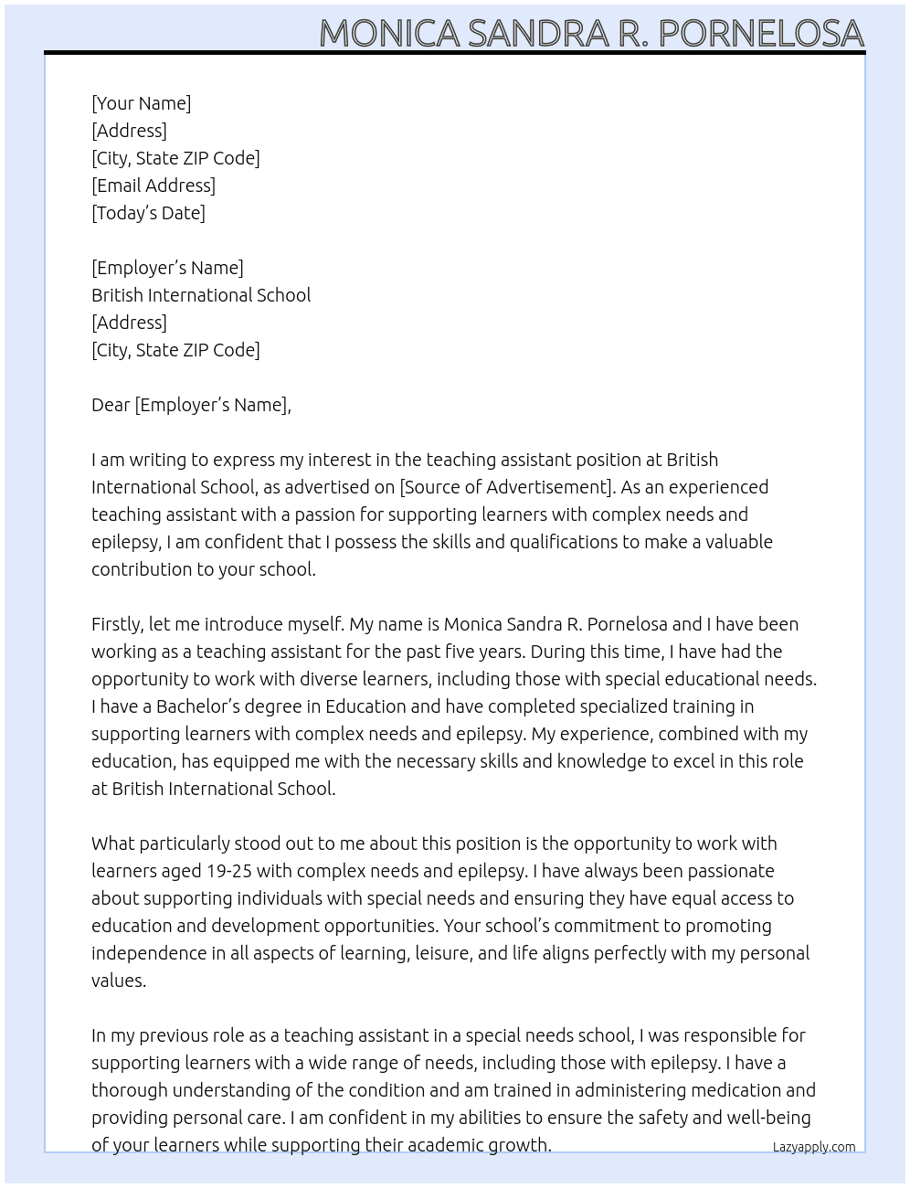 teaching assitant At British International School Cover Letter