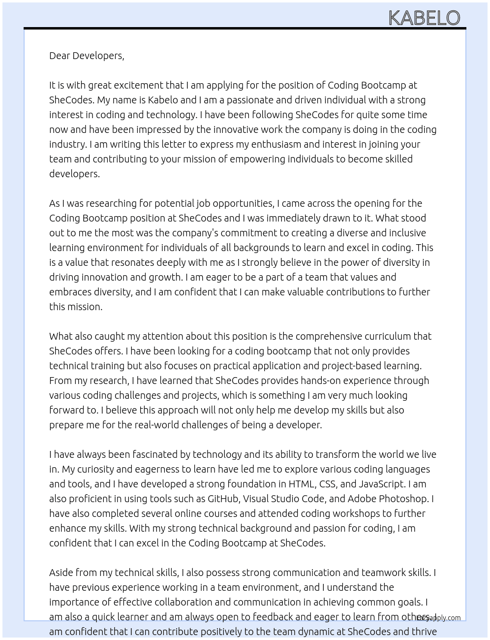 Coding bootcamp  At SheCodes Cover Letter