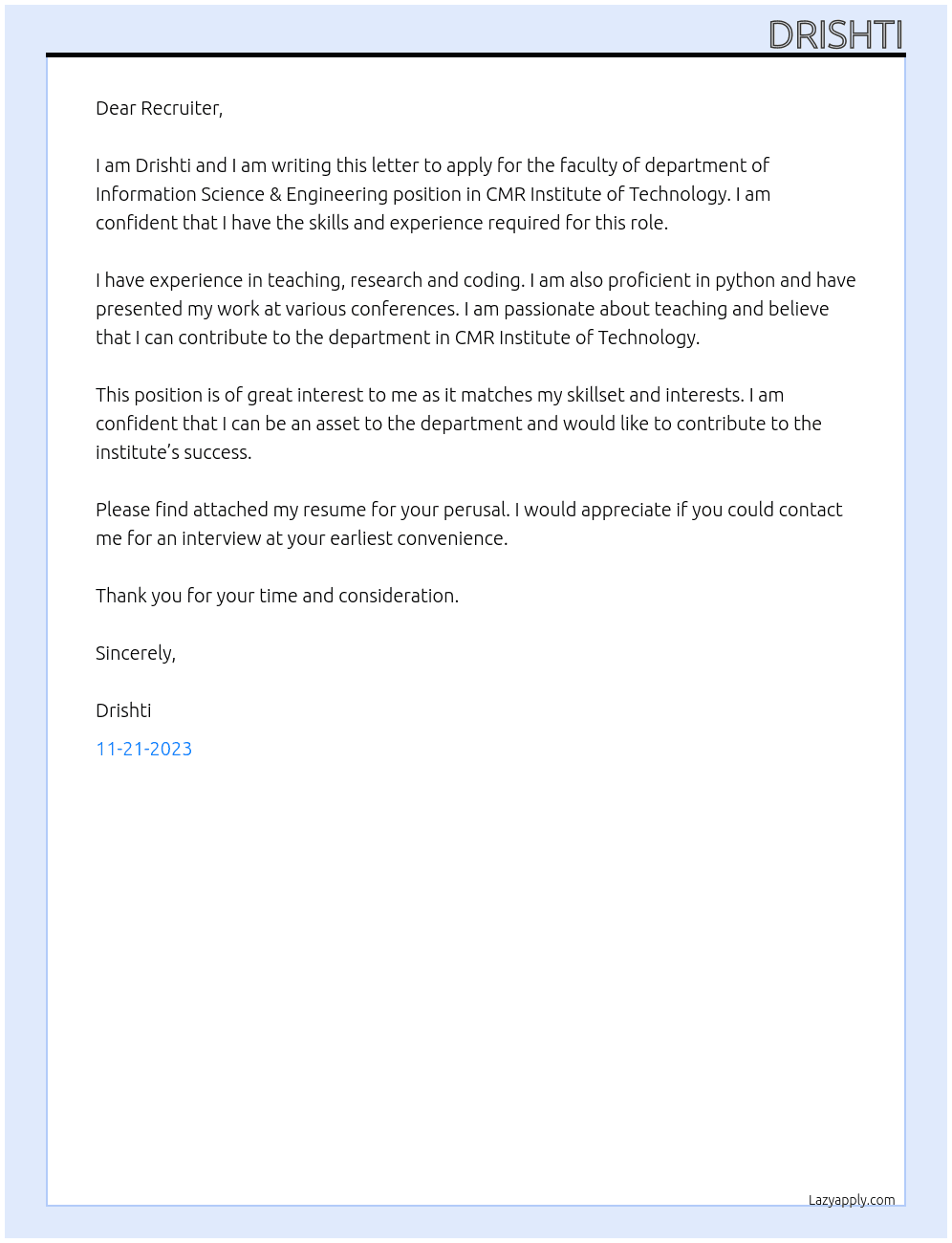 faculty of department of Information Science & Engineering  At CMR Institute of Technology Cover Letter