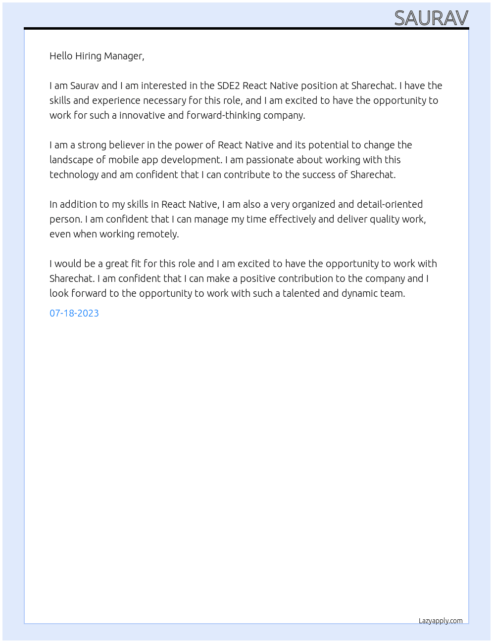 SDE2 React Native At Sharechat Cover Letter