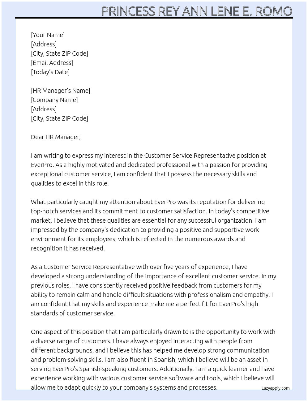 Customer Service Representative  At EverPro Cover Letter