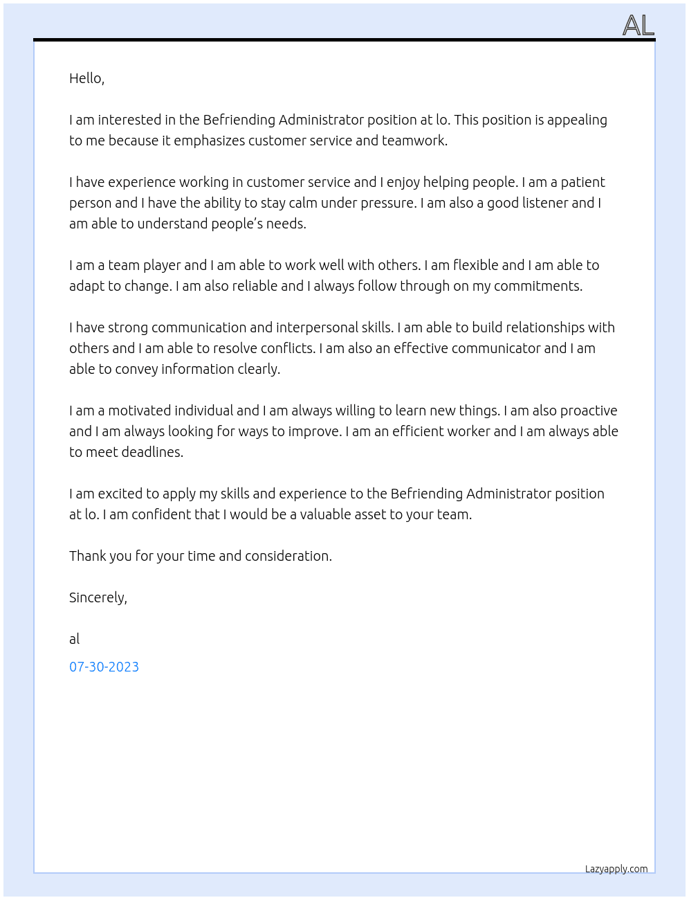 Befriending Administrator At lo Cover Letter