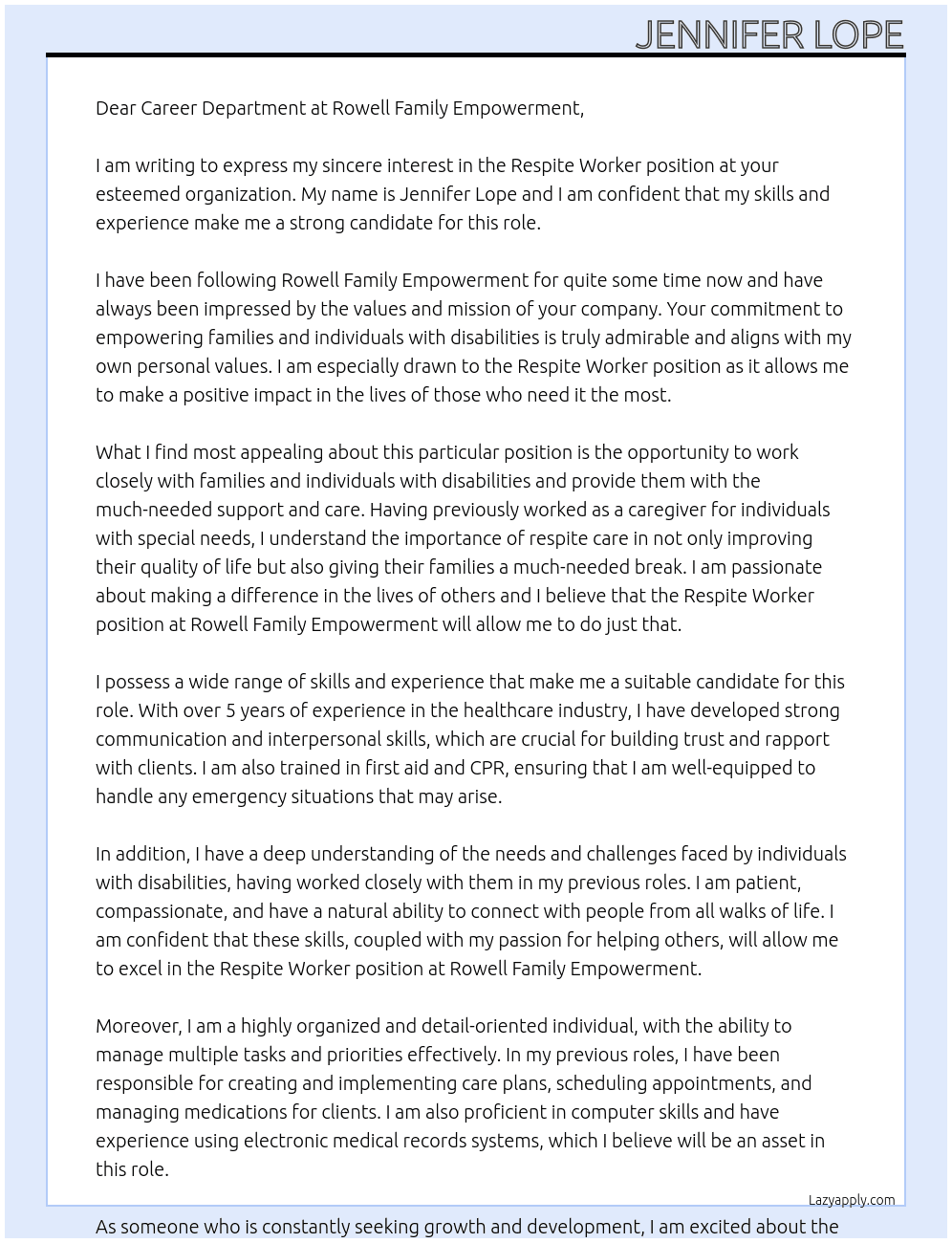 Respite Worker  At Rowell Family Empowerment  Cover Letter