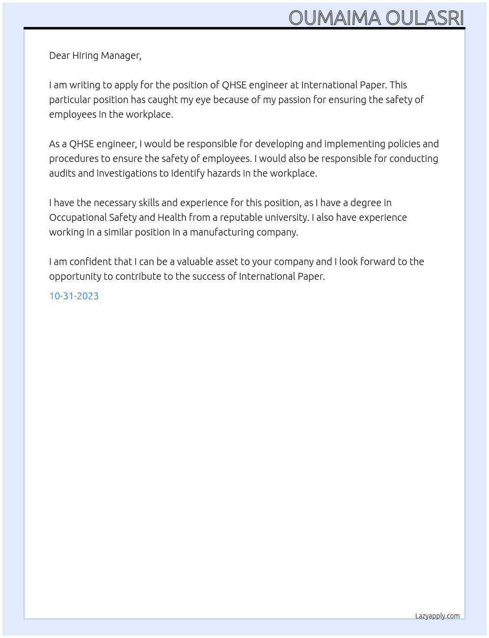 QHSE engineer At international paper Cover Letter