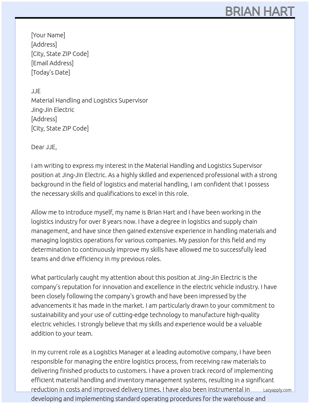 Material Handling and Logistics Supervisor At Jing-Jin Electric Cover Letter
