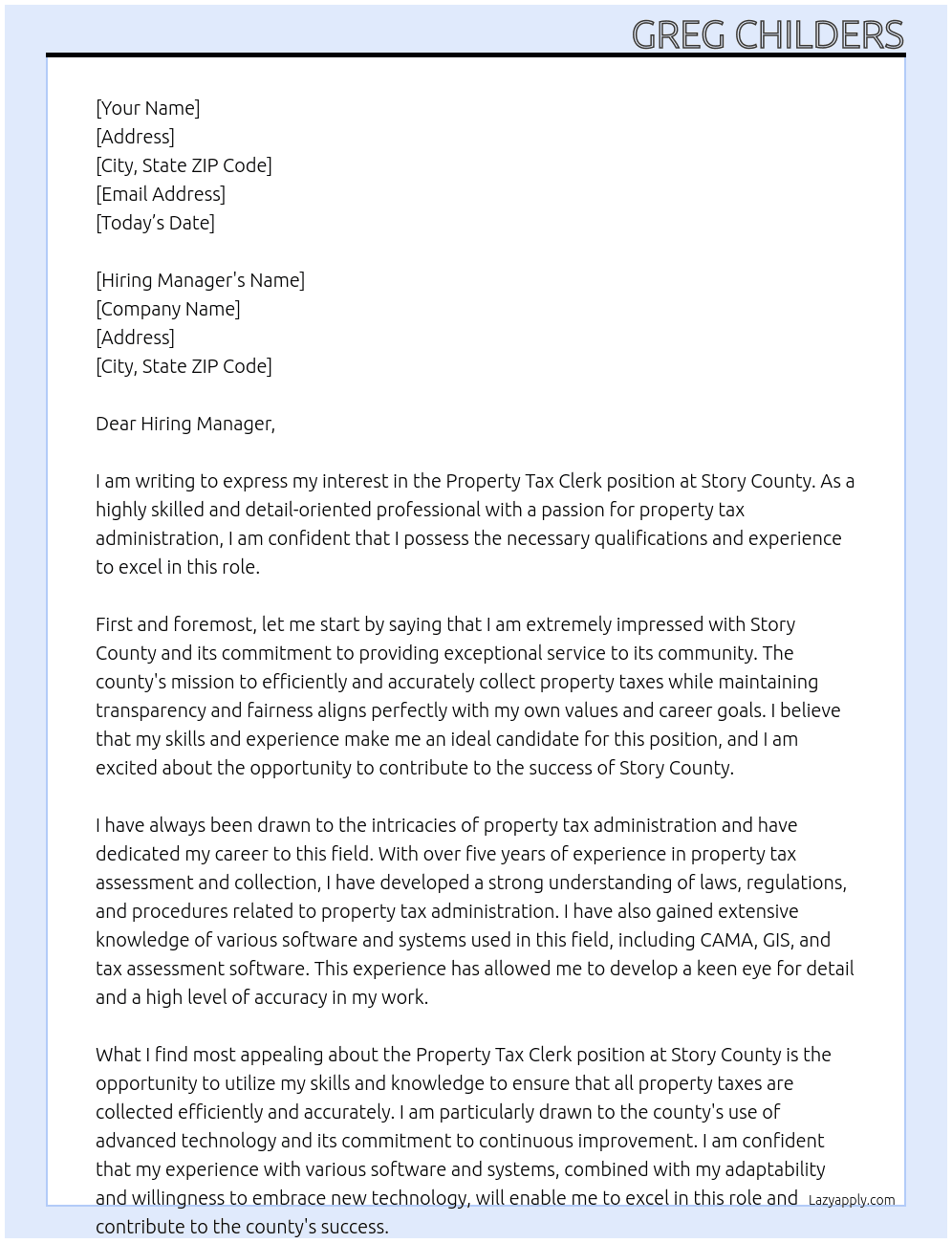 Property Tax Clerk At Story County Cover Letter