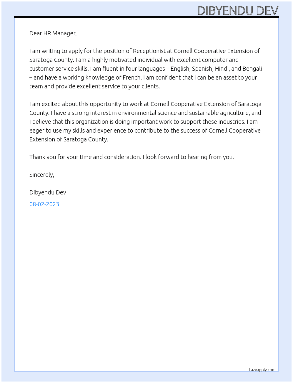 Receptionist  At Cornell Cooperative Extension of Saratoga County Cover Letter