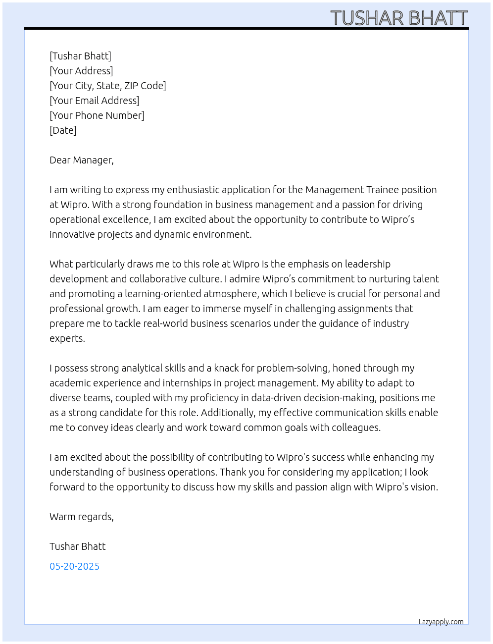 Management trainee  At Wipro  Cover Letter