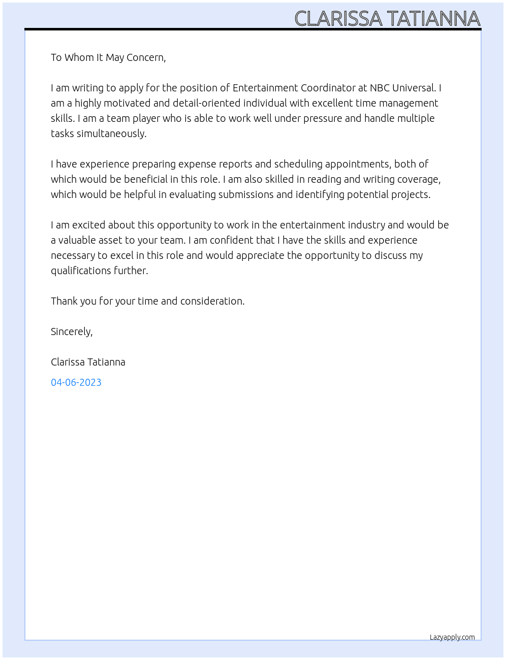 Entertainment Coordinator  At NBC Universal  Cover Letter
