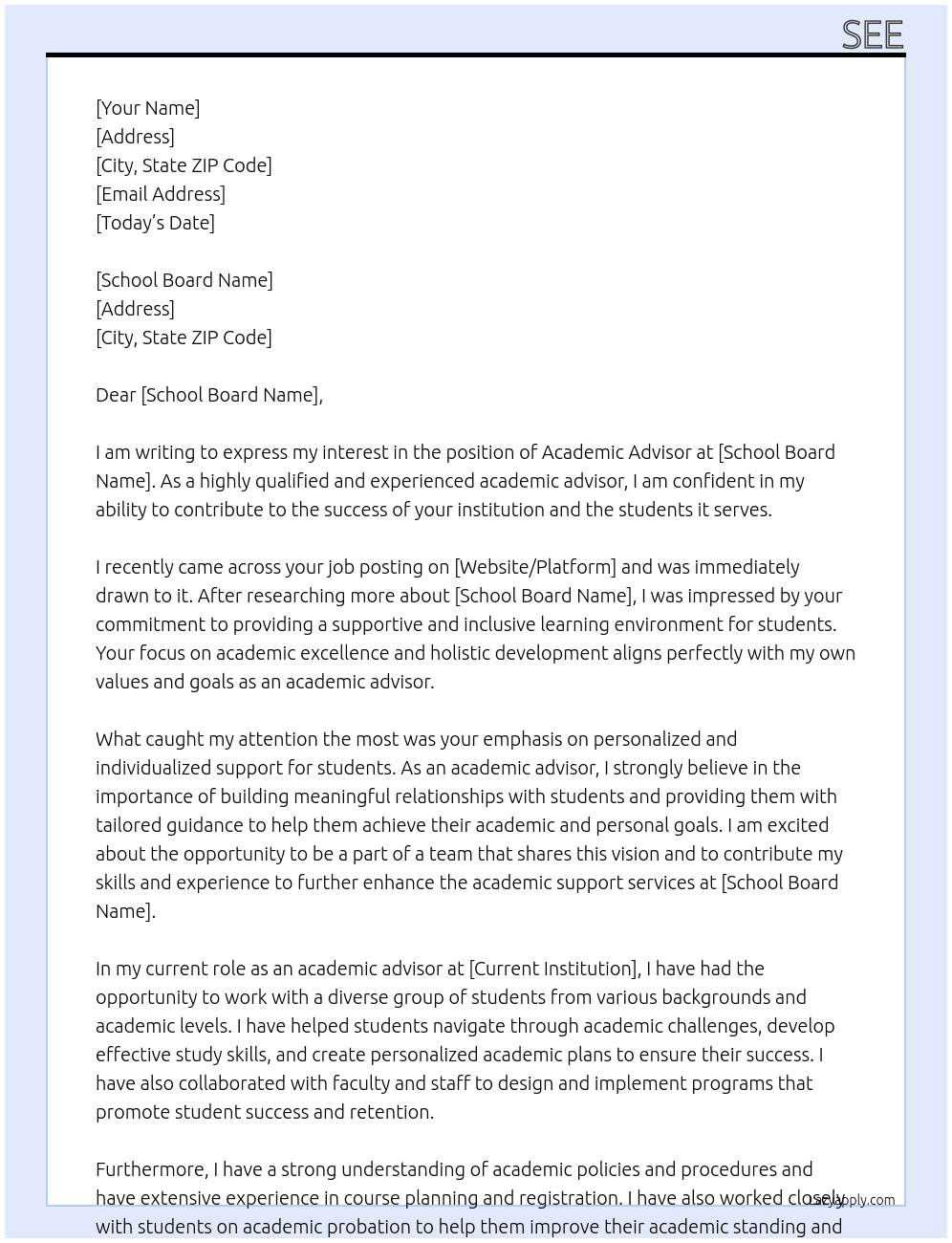 academic advisor At school board Cover Letter