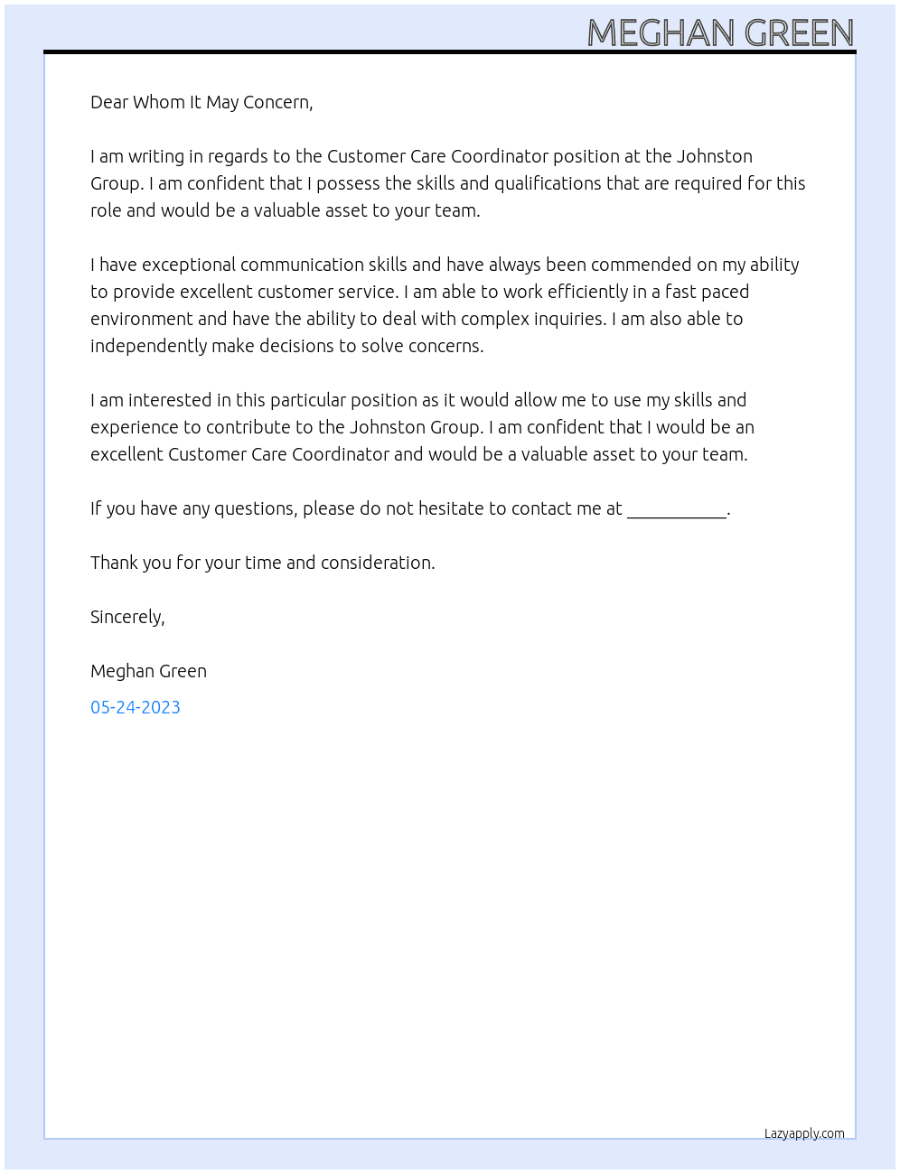 Customer Care Coordinator At Johnston Group Cover Letter
