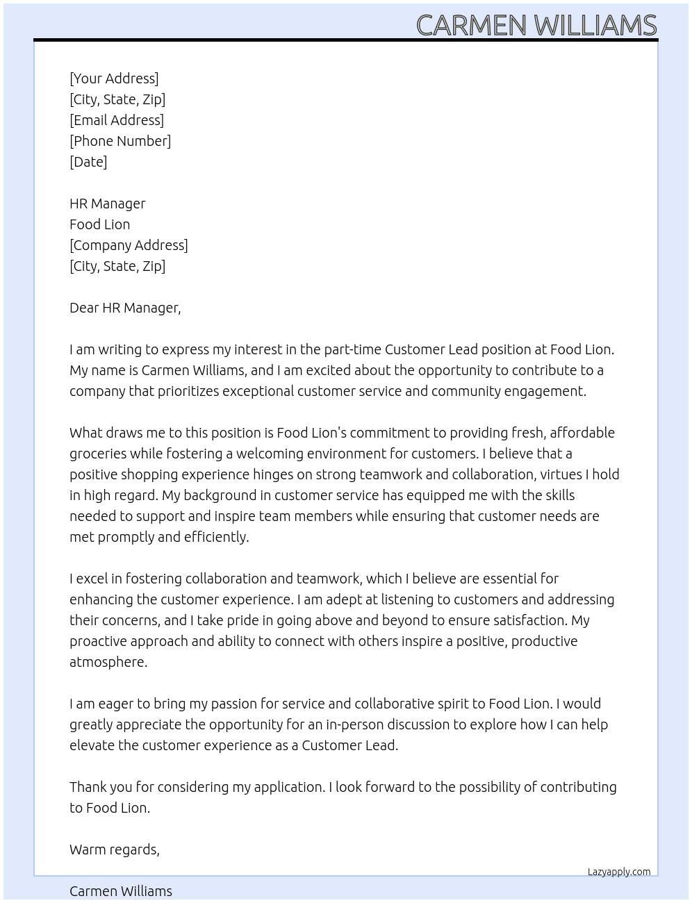 PT Customer Lead  At Food Lion  Cover Letter