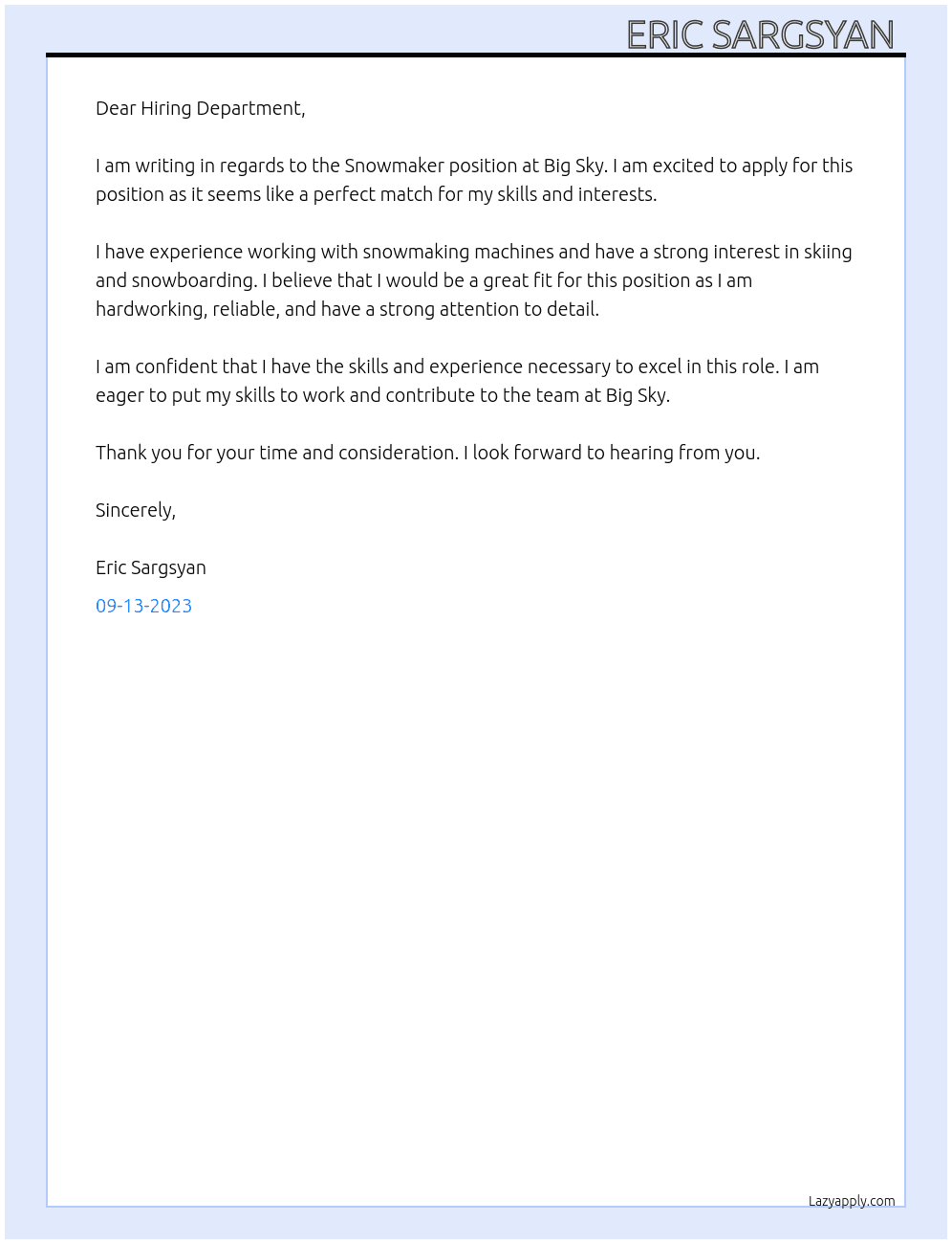 Snowmaker  At Big Sky Cover Letter