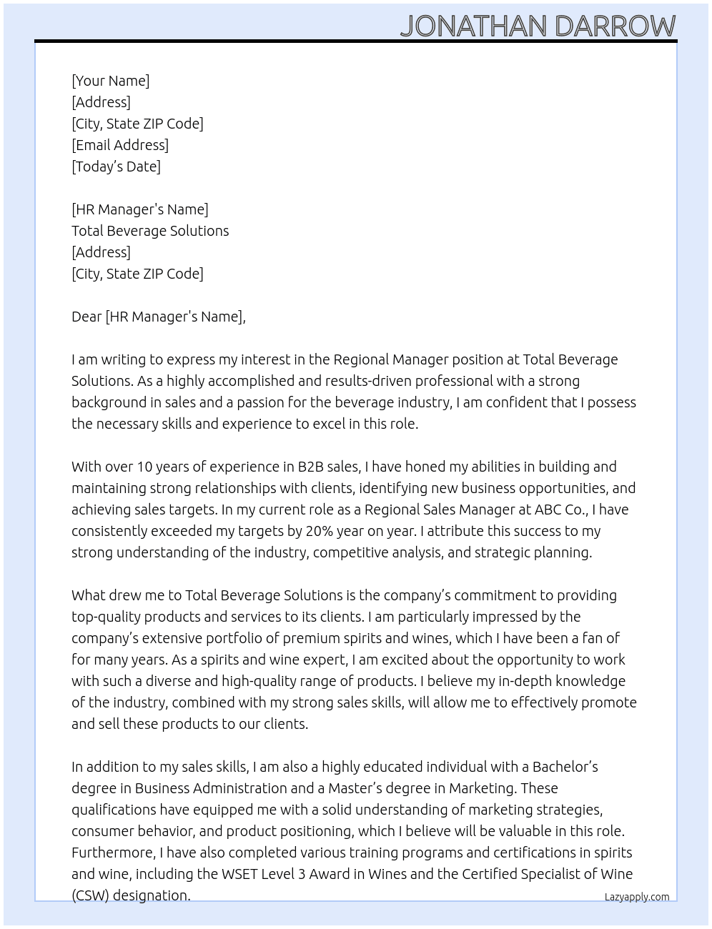 Regional Manager At Total Beverage Solutions Cover Letter