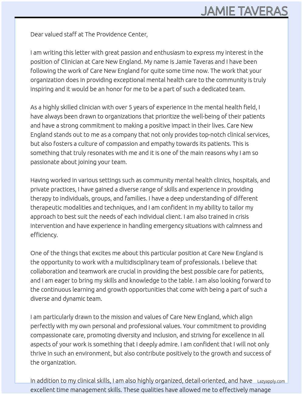 Clinician At Care New England  Cover Letter