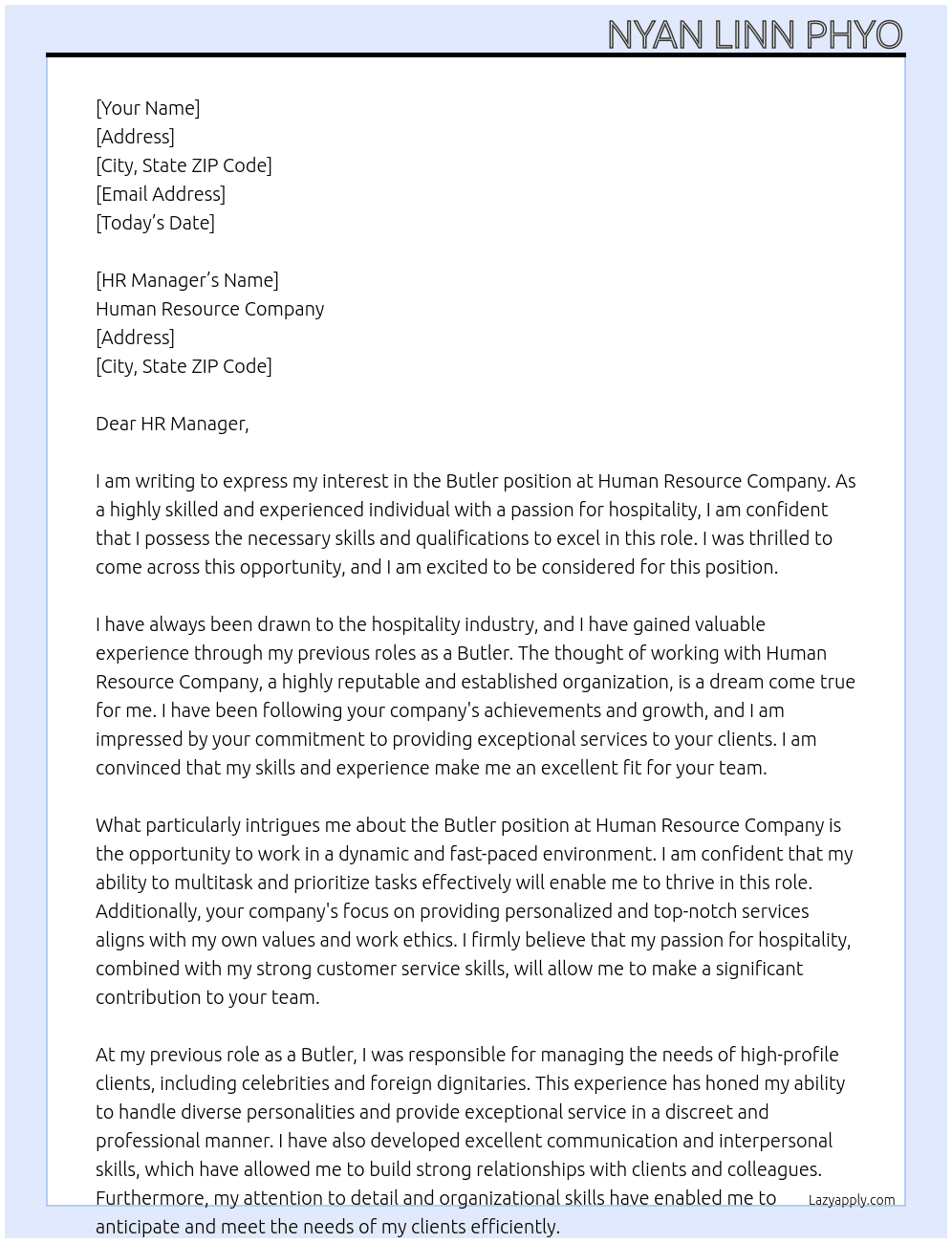 Butler At Human Resource Company Cover Letter