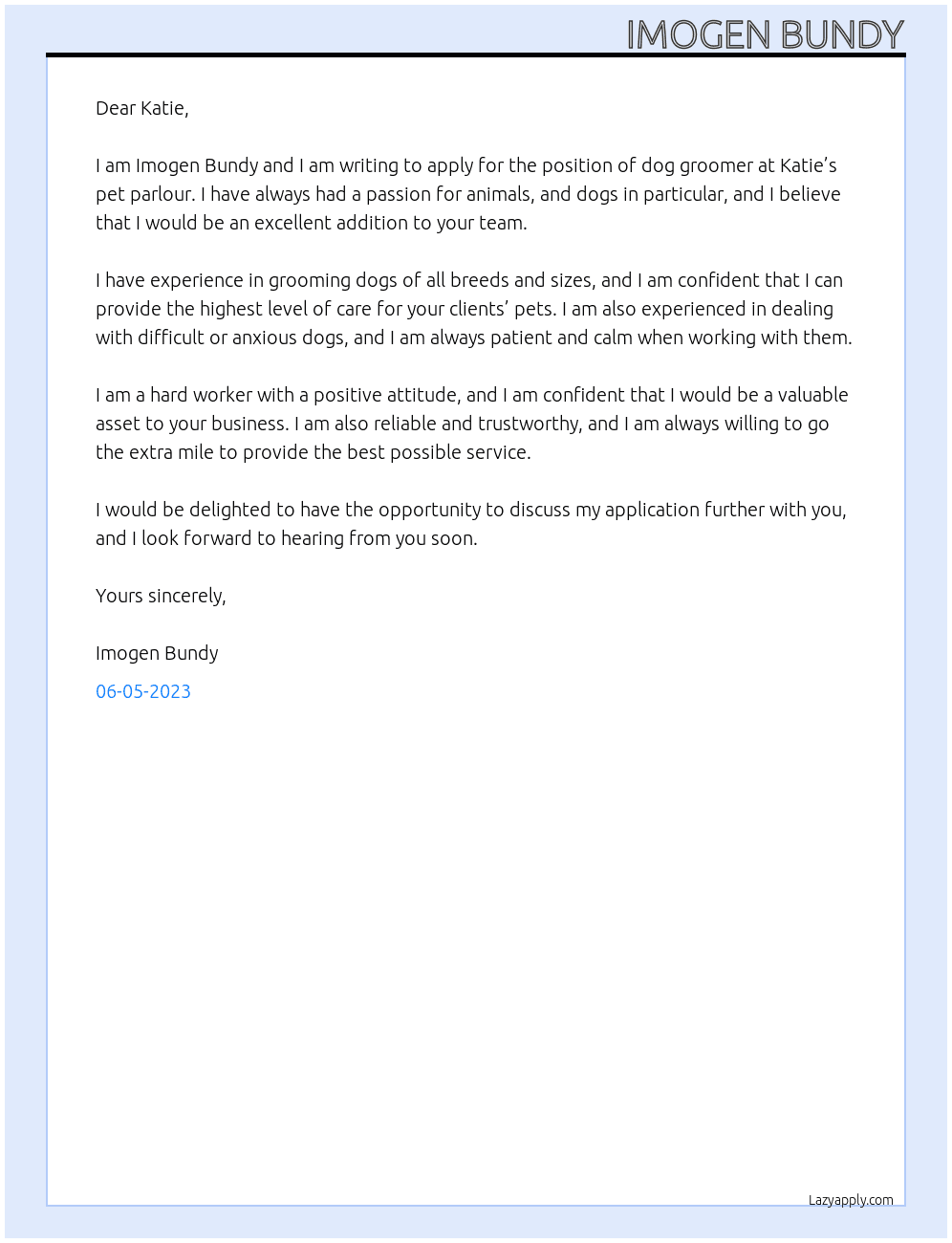 Dog groomer At Katie’s pet parlour  Cover Letter