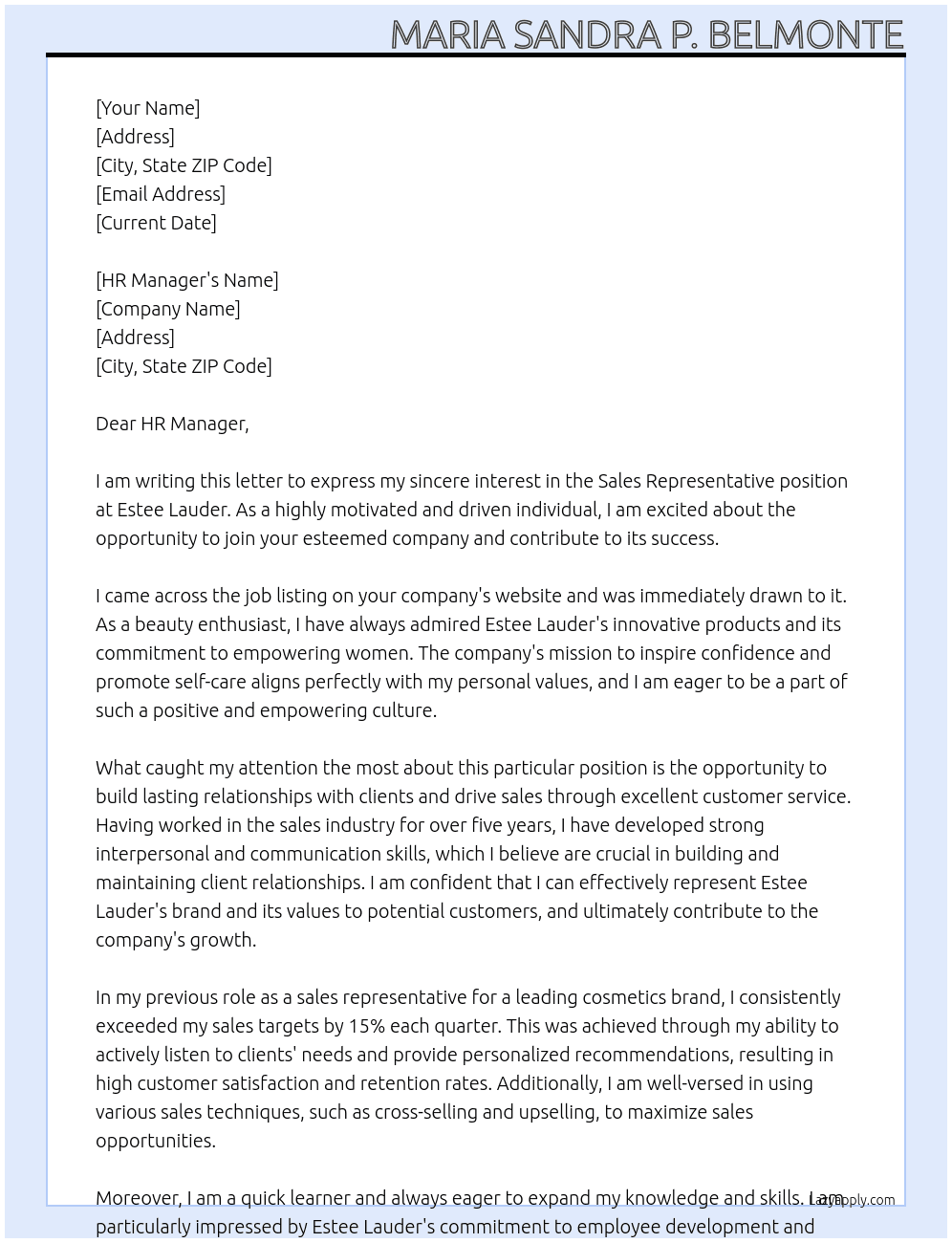 sales representative At Estee Lauder Cover Letter