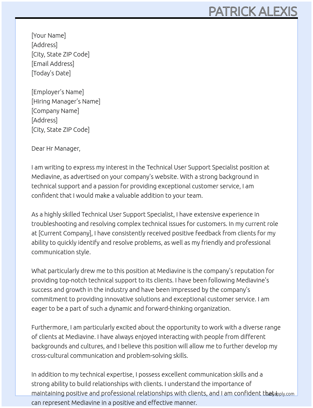 Technical User Support Specialist At Mediavine Cover Letter