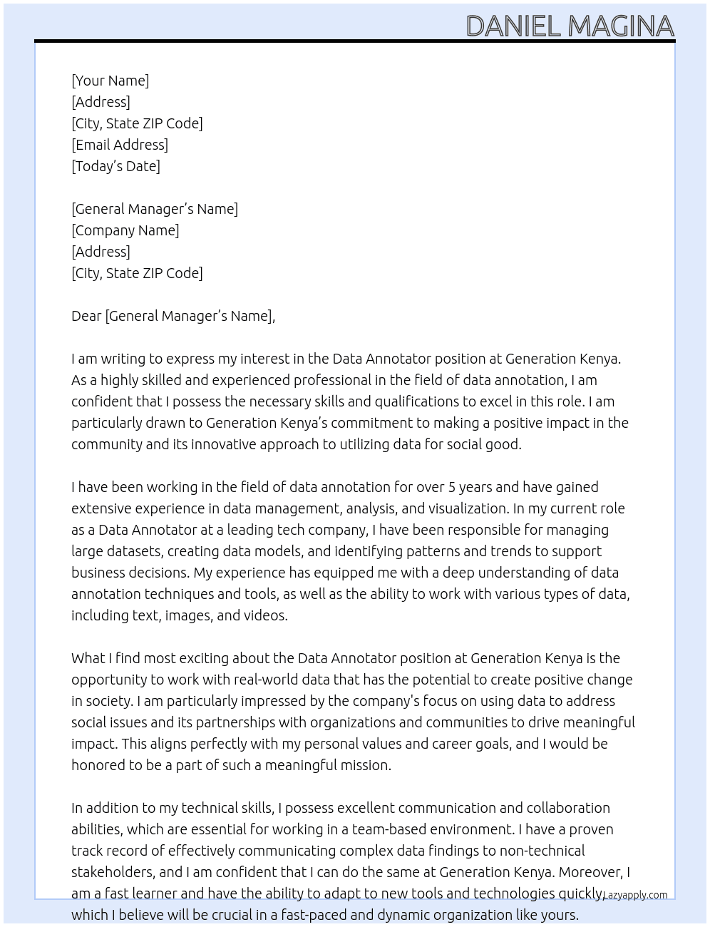 Data Annotator  At Generation Kenya Cover Letter