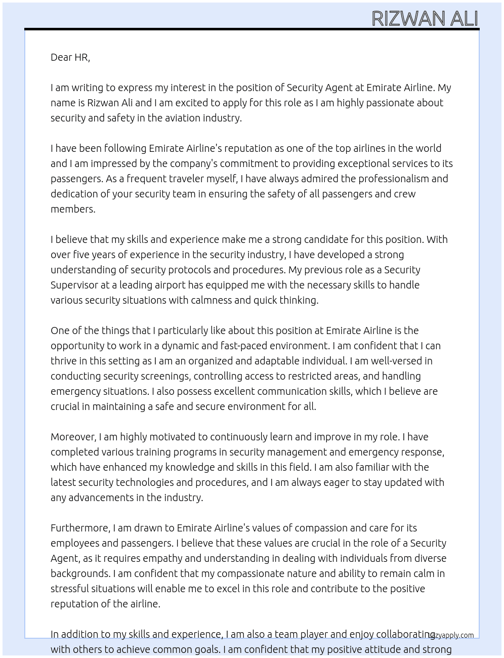 security Agent  At Emirate Airline  Cover Letter