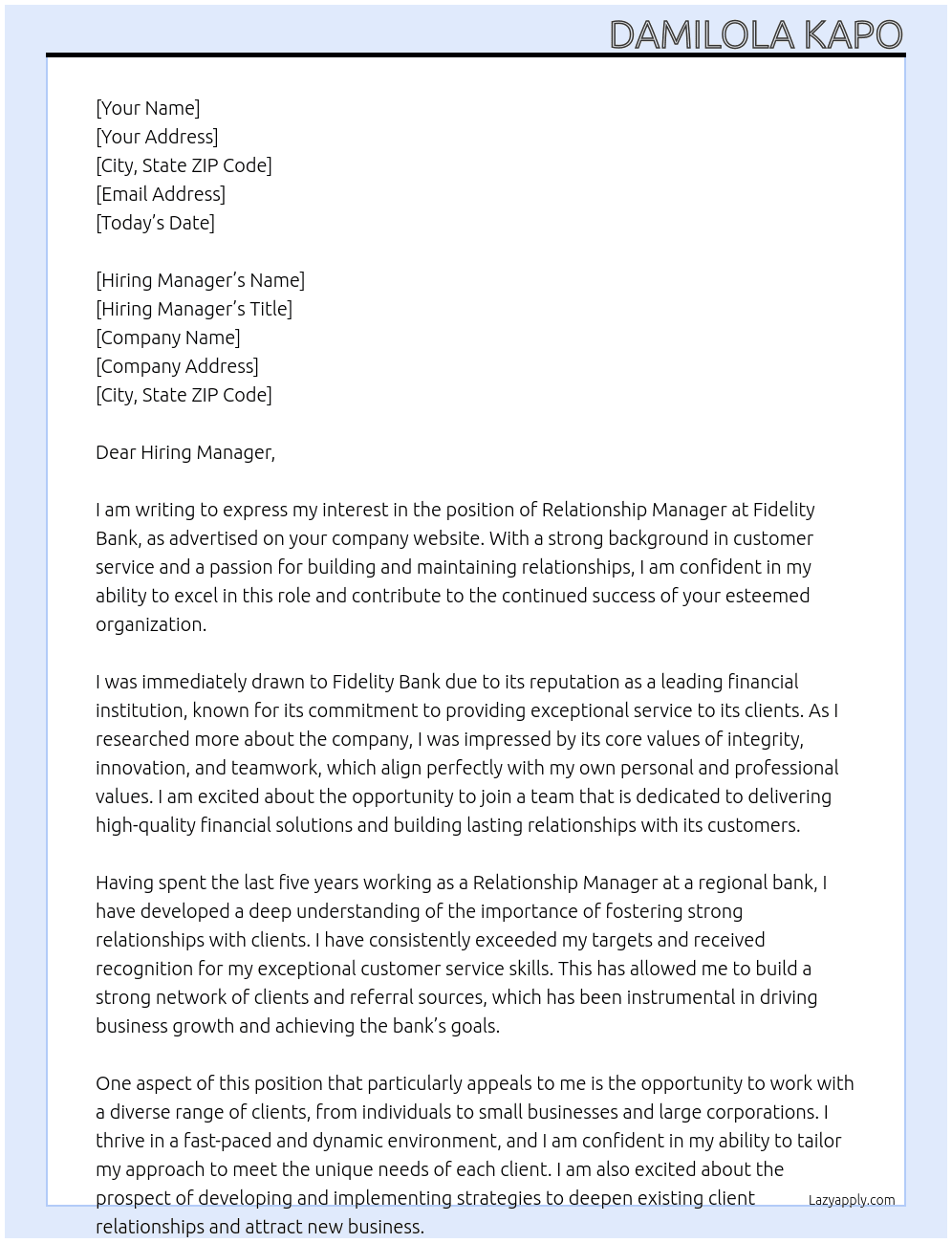 Relationship Manager At Fidelity Bank Cover Letter