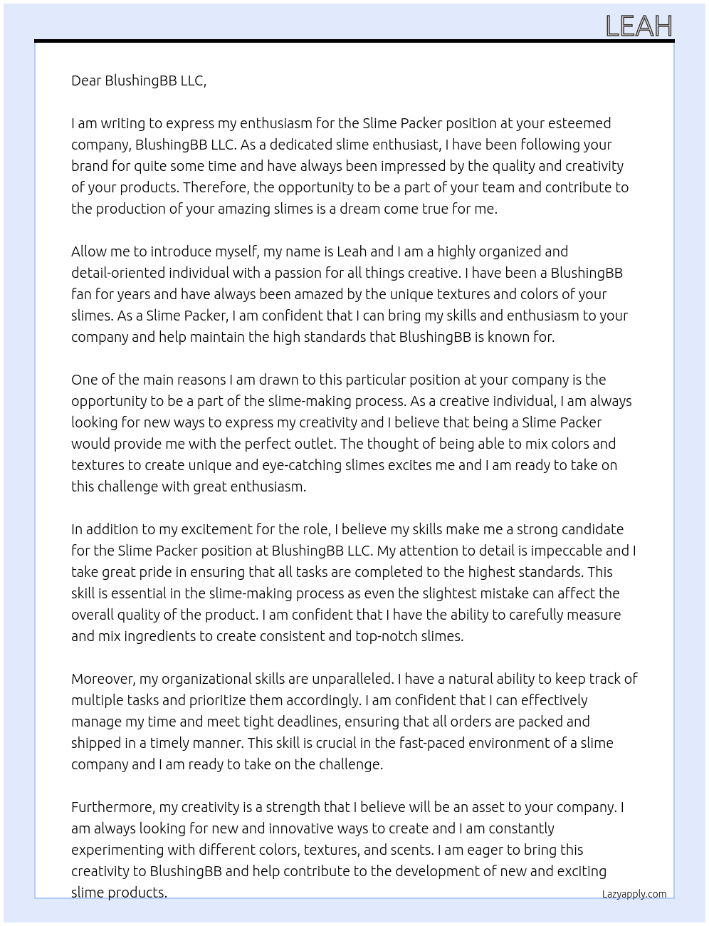 Slime Packer At BlushingBB LLC Cover Letter