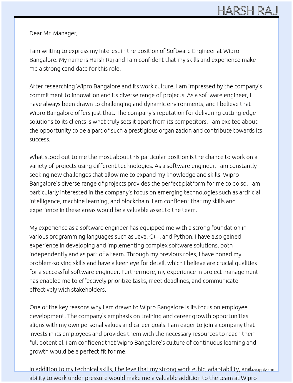 Software engineer  At Wipro banglore  Cover Letter