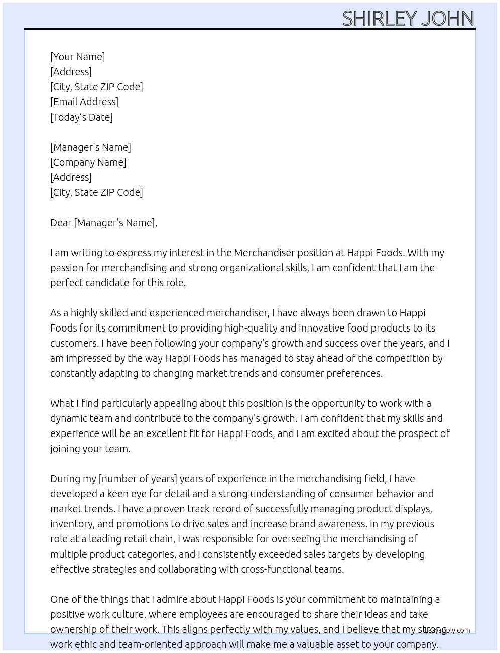 Merchandiser At Happi Foods Cover Letter
