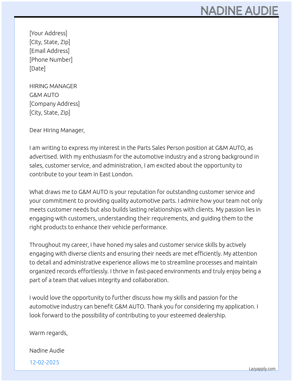 Cover letter for parts sales person - LazyApply