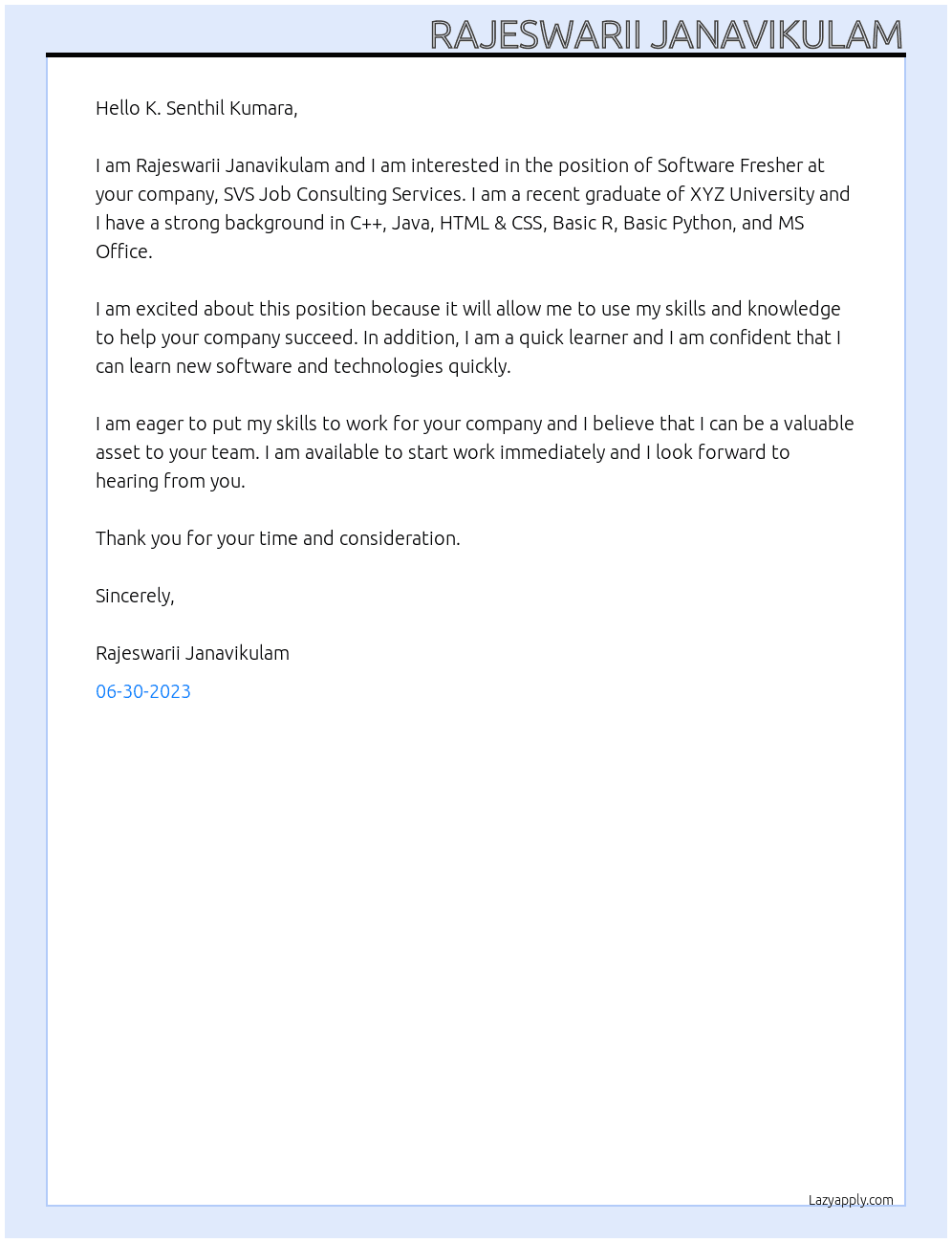 Software Fresher At SVS Job Consulting Services Cover Letter