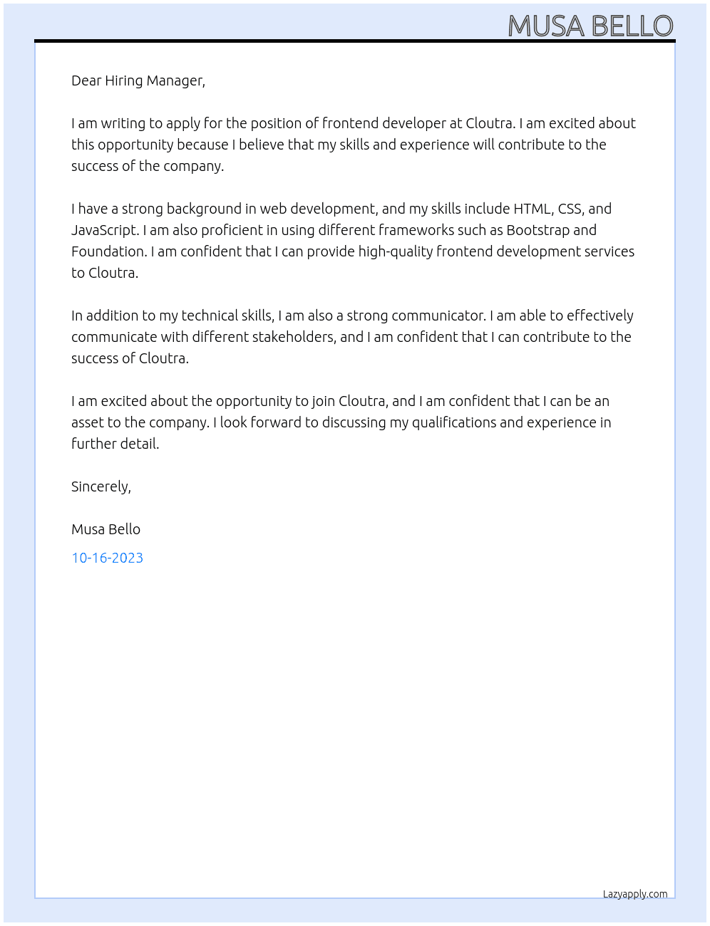 Frontend developer At Cloutra Cover Letter