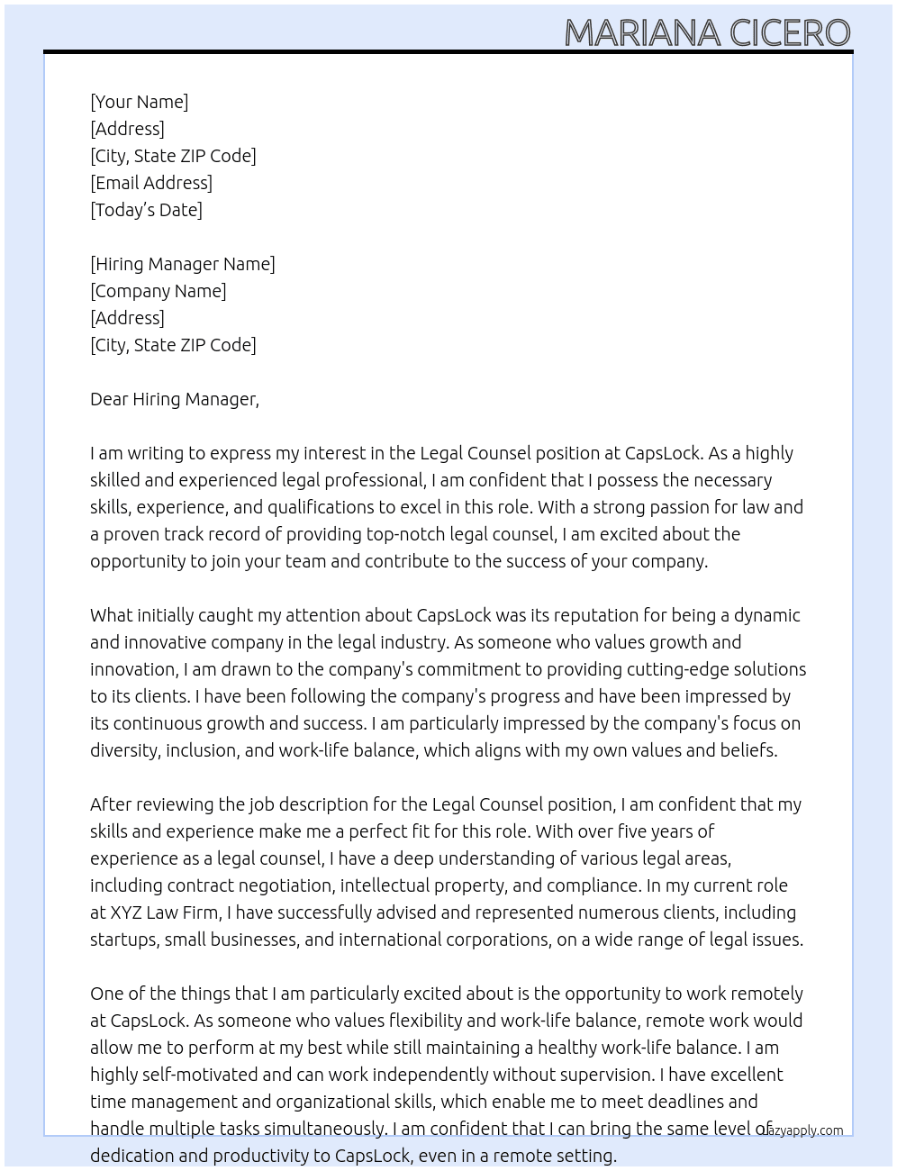 Legal Counsel At CapsLock Cover Letter