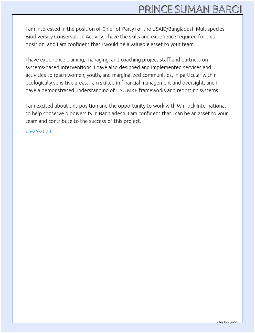 Chief of Party, USAID/Bangladesh Multispecies Biodiversity Conservation Activity At Winrock International Cover Letter