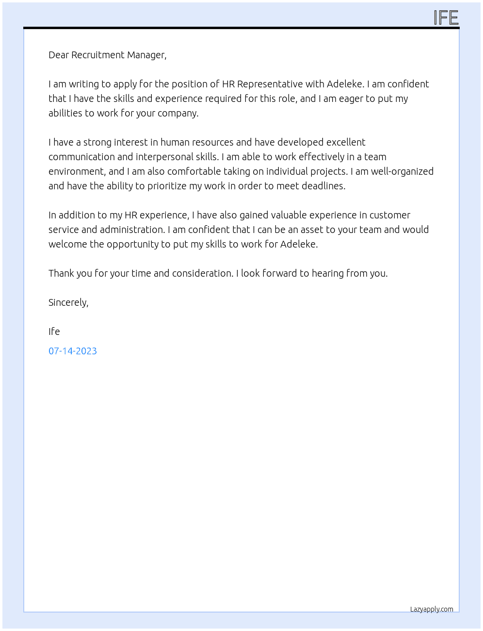 HR Representative At Adeleke Cover Letter