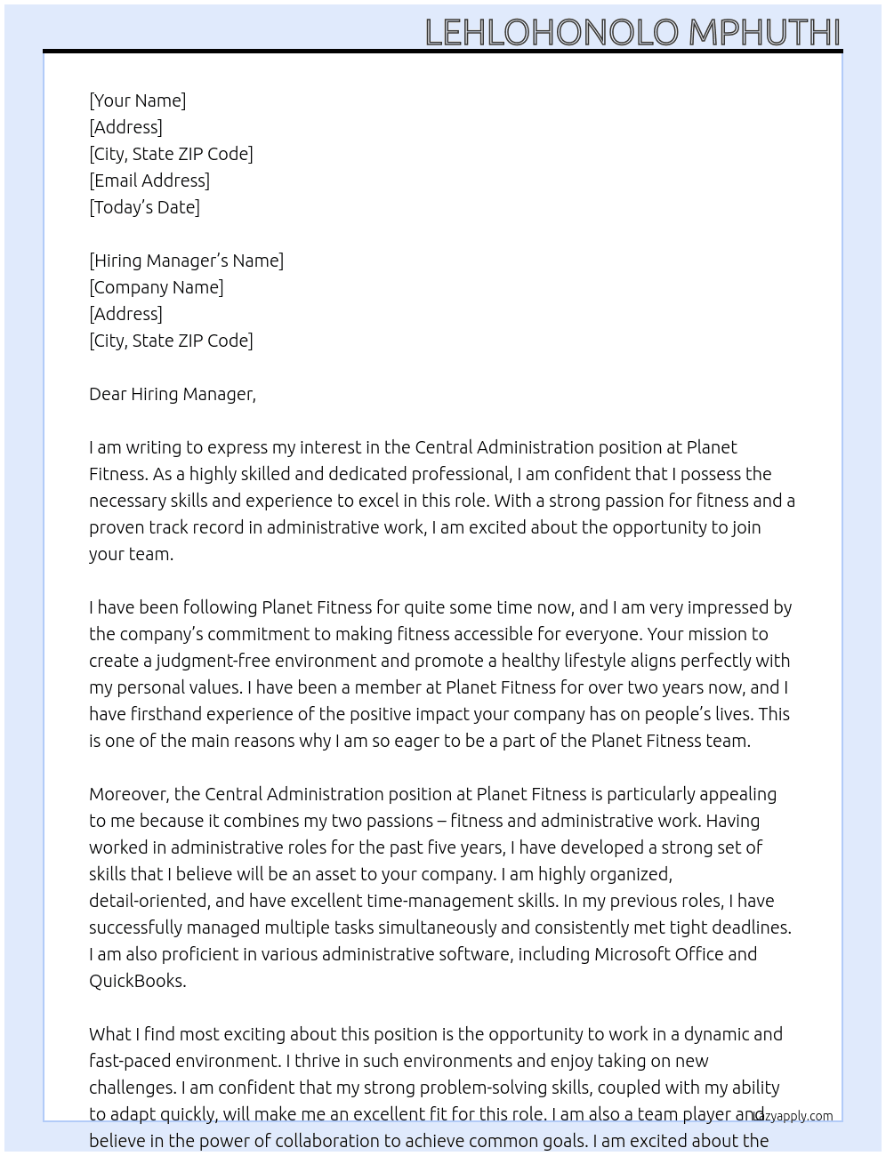 Central Administration  At Planet Fitness  Cover Letter