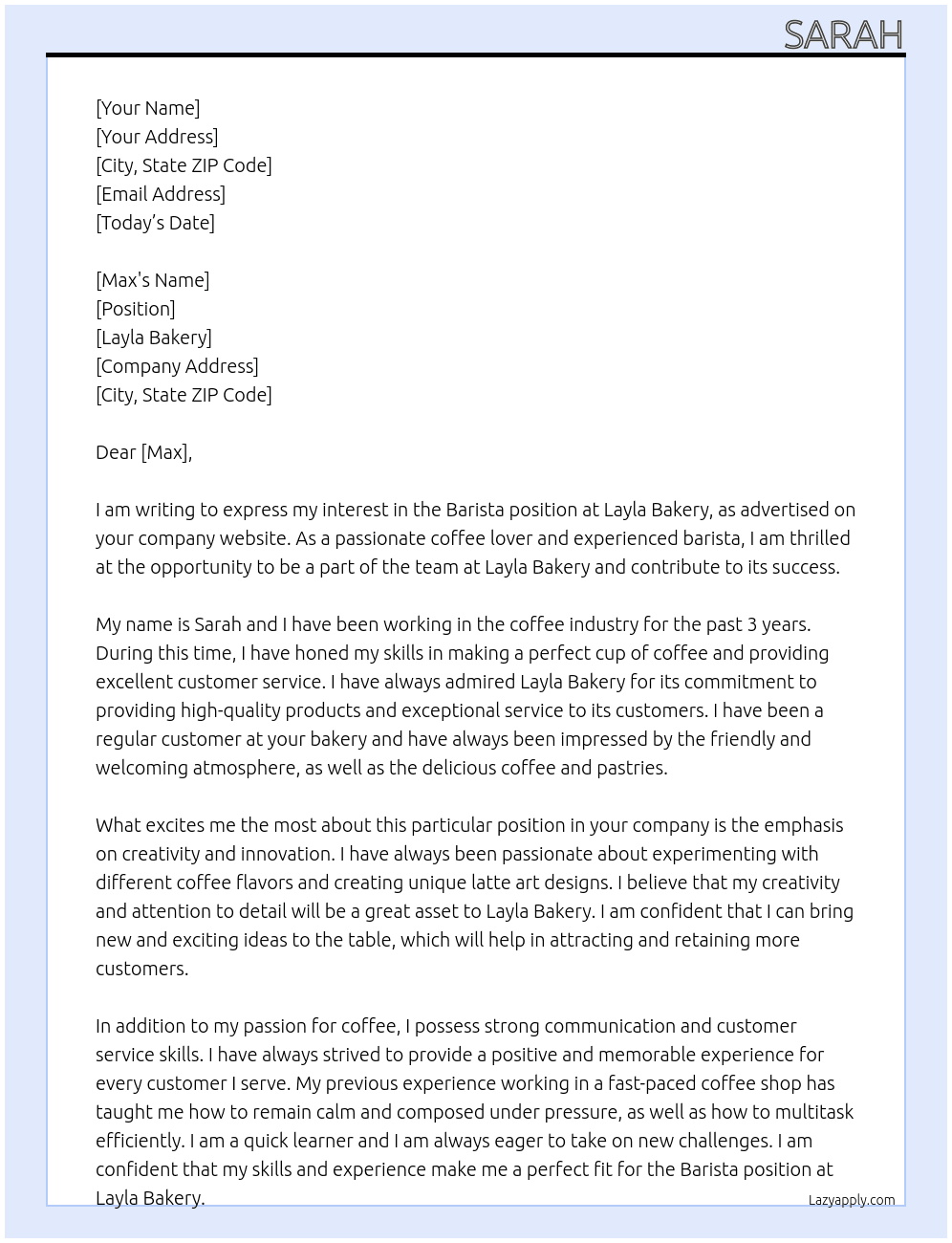 Barista At Layla Bakery Cover Letter